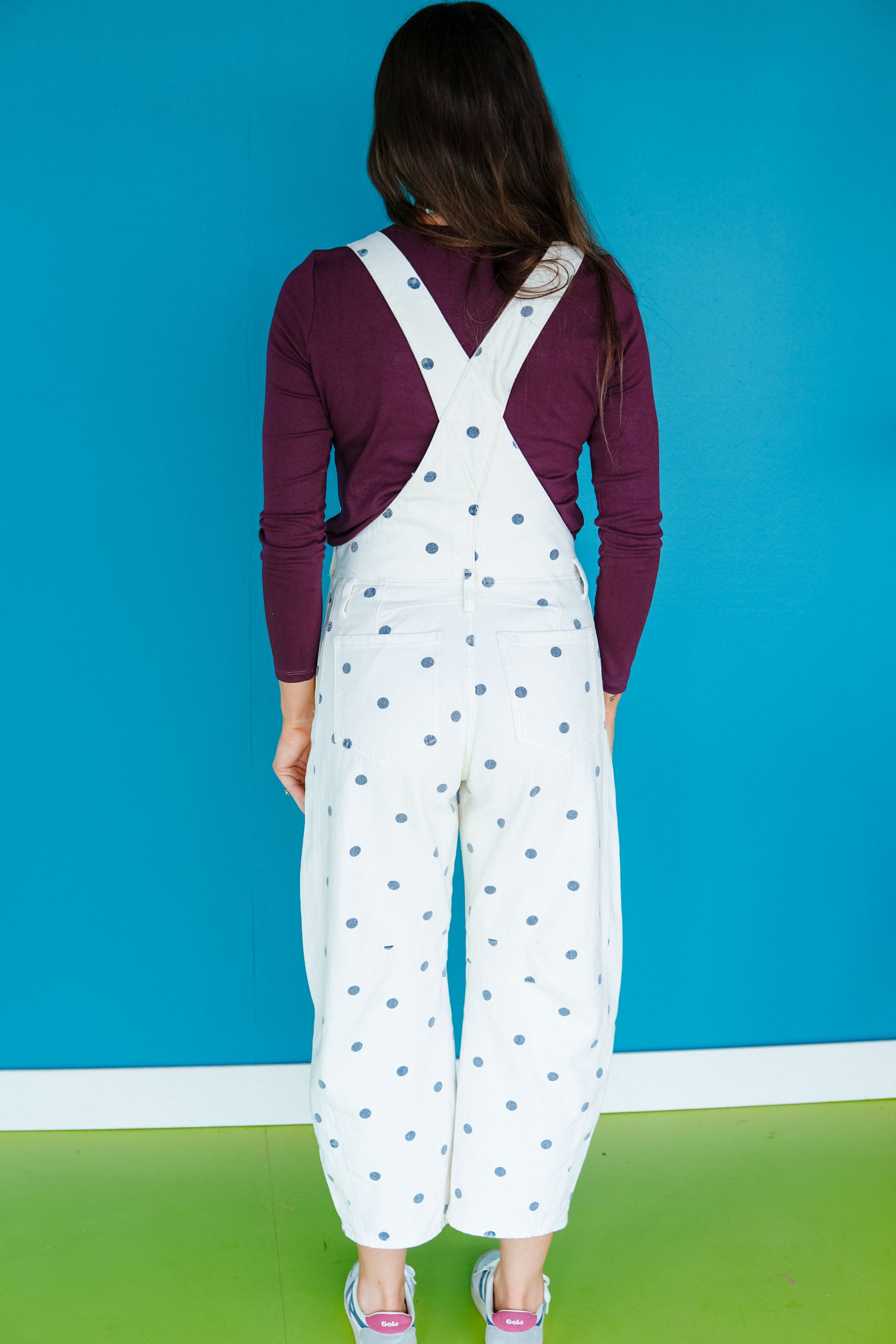 Just a Girl Polka Dot Overalls - Soft White + Blue