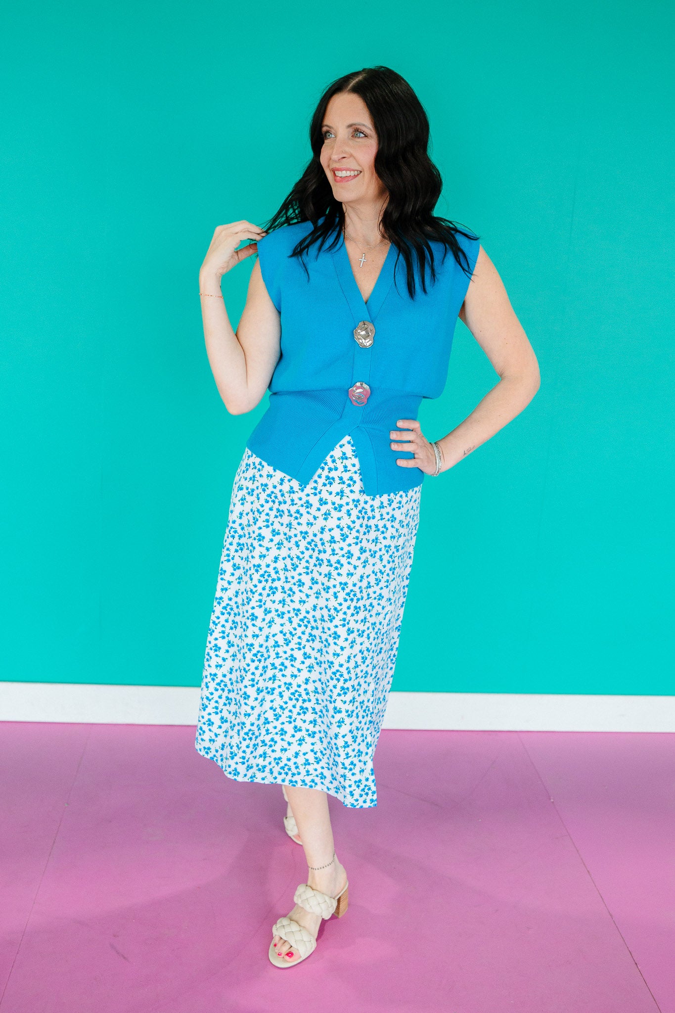 Wisteria Floral Midi Skirt - Ivory + Turquoise