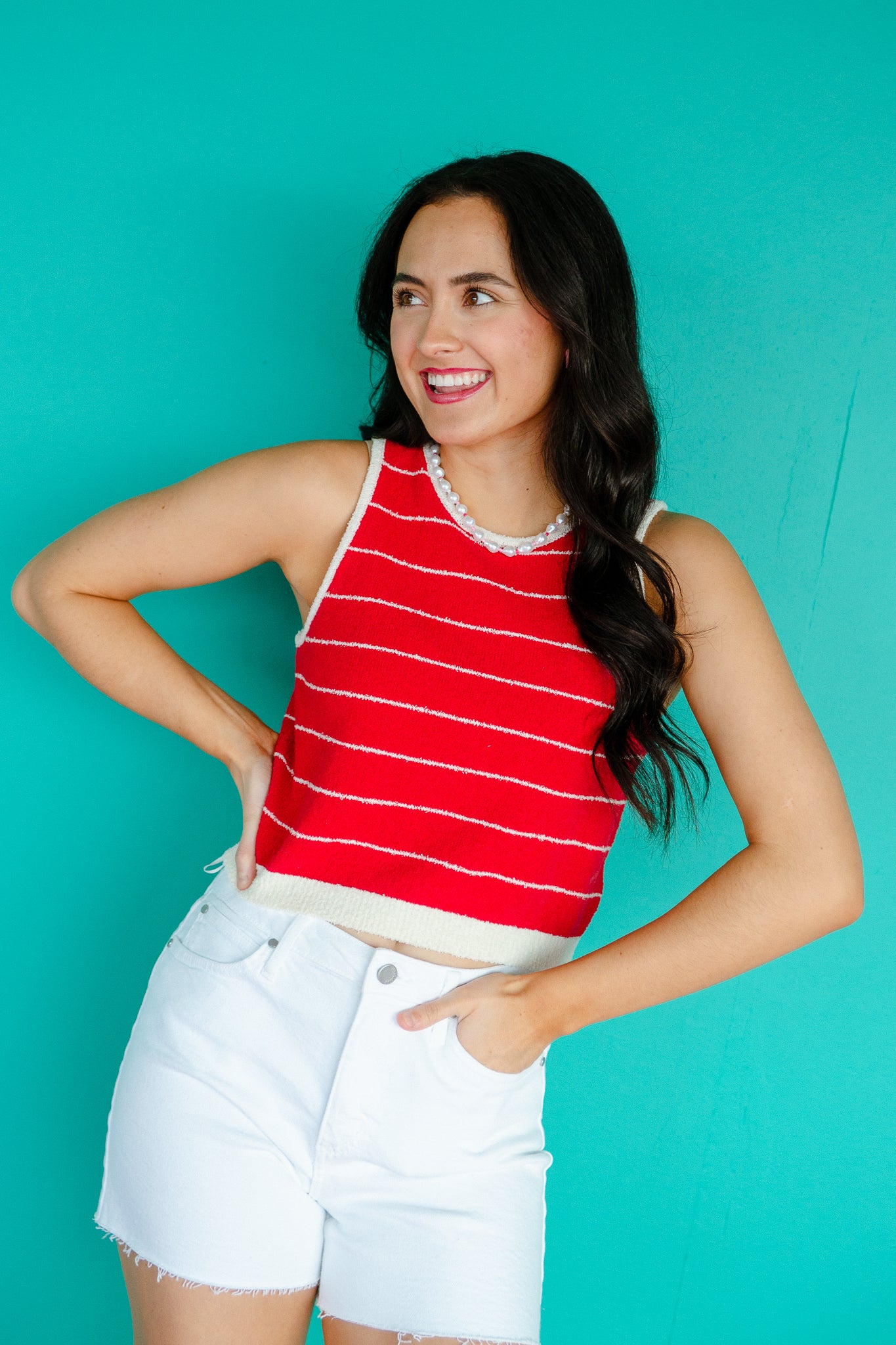 Tyla Pinstriped Knitted Tank - Cool Red