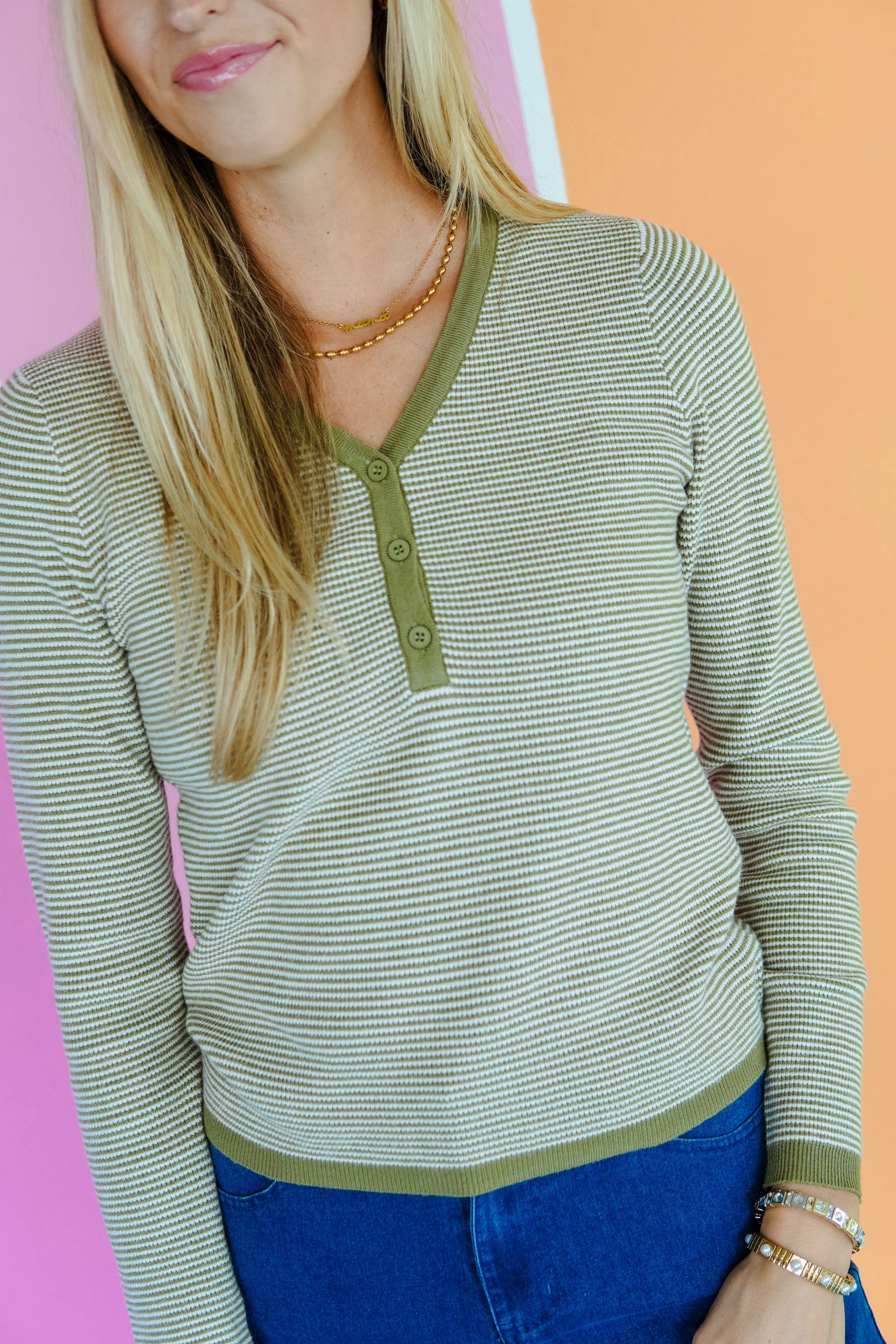 Autumn Glow V Neck Henley - Olive + Cream