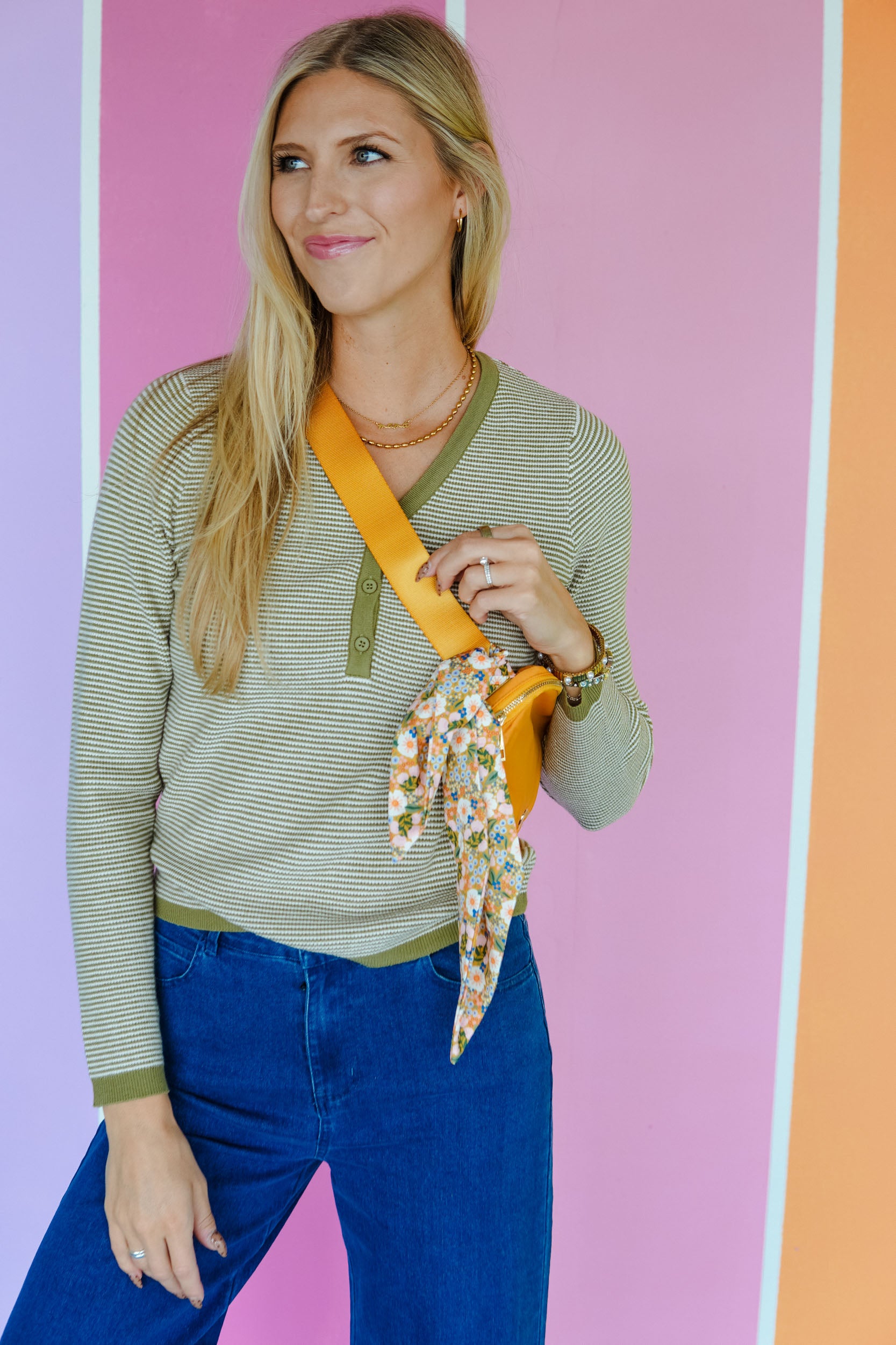 Autumn Glow V Neck Henley - Olive + Cream