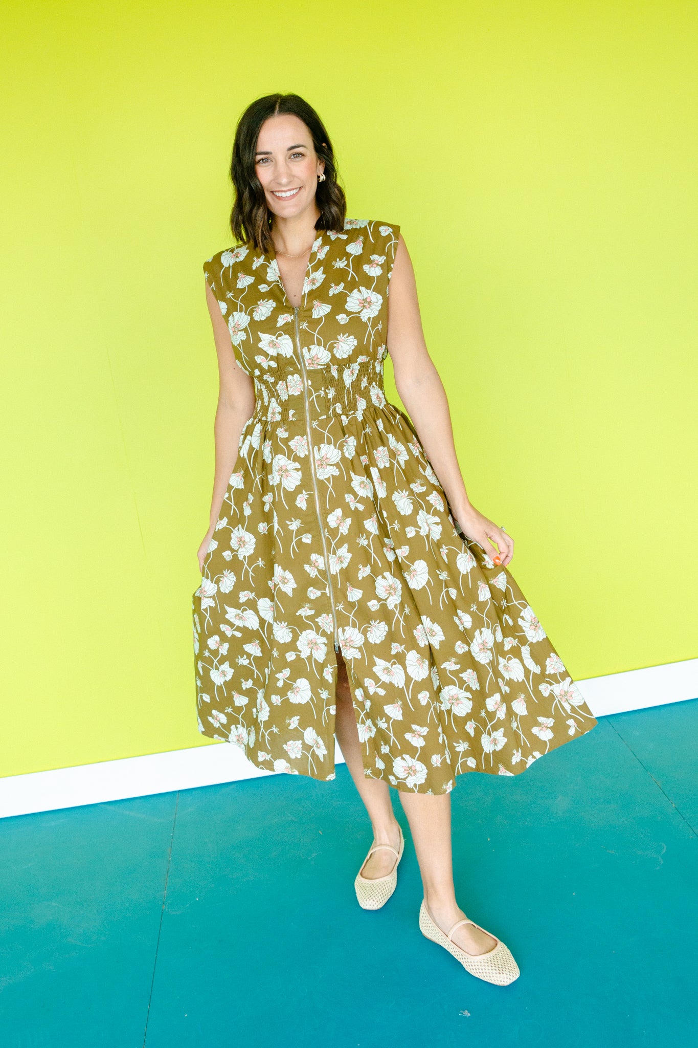 Sasha Front Zip Mini Dress - Bronze + Coral + Oyster