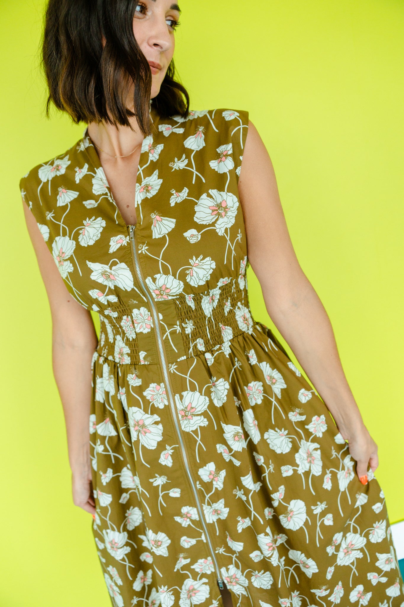 Sasha Front Zip Mini Dress - Bronze + Coral + Oyster