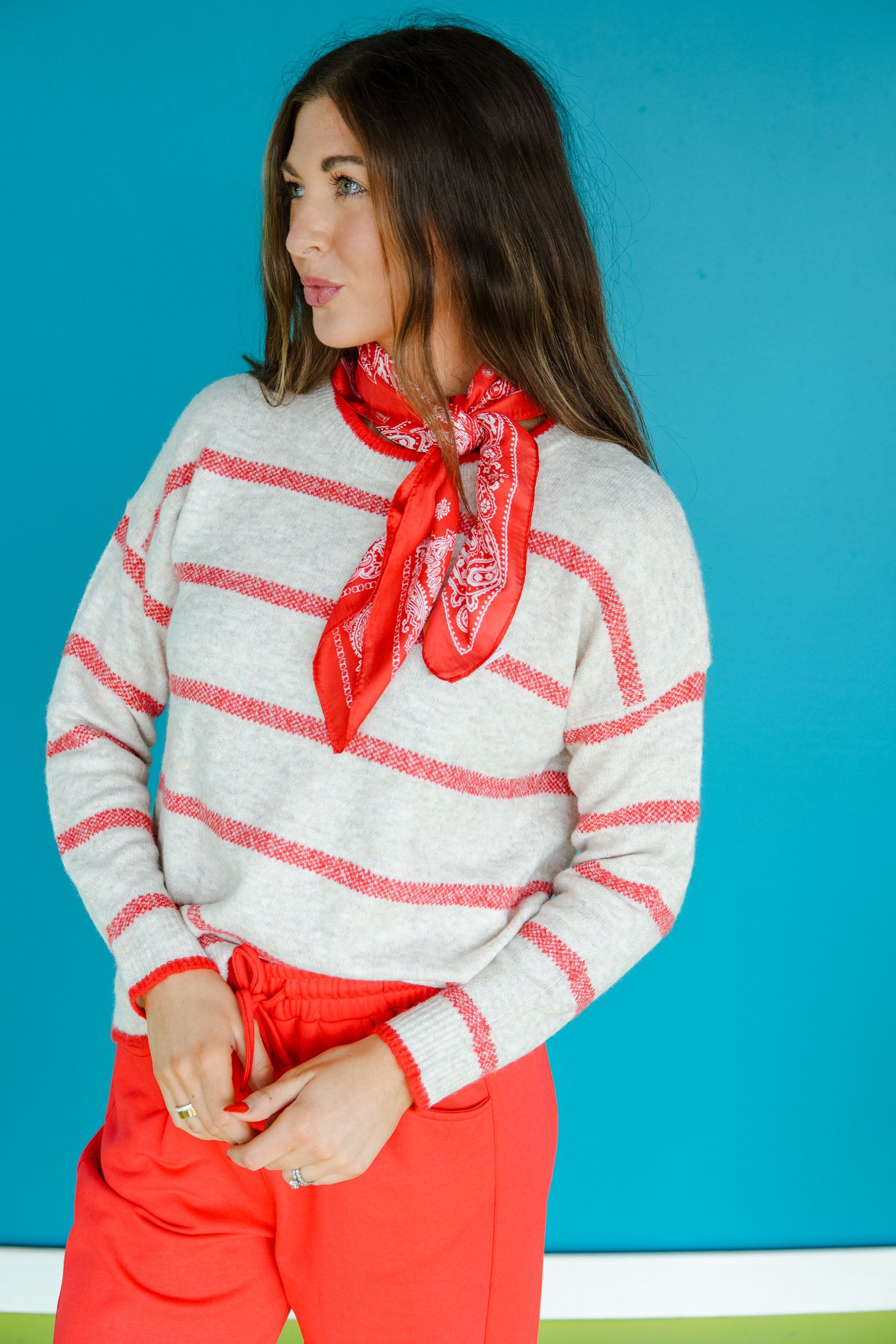 Pumpkin Picnic Striped Sweater - Oatmeal + Red