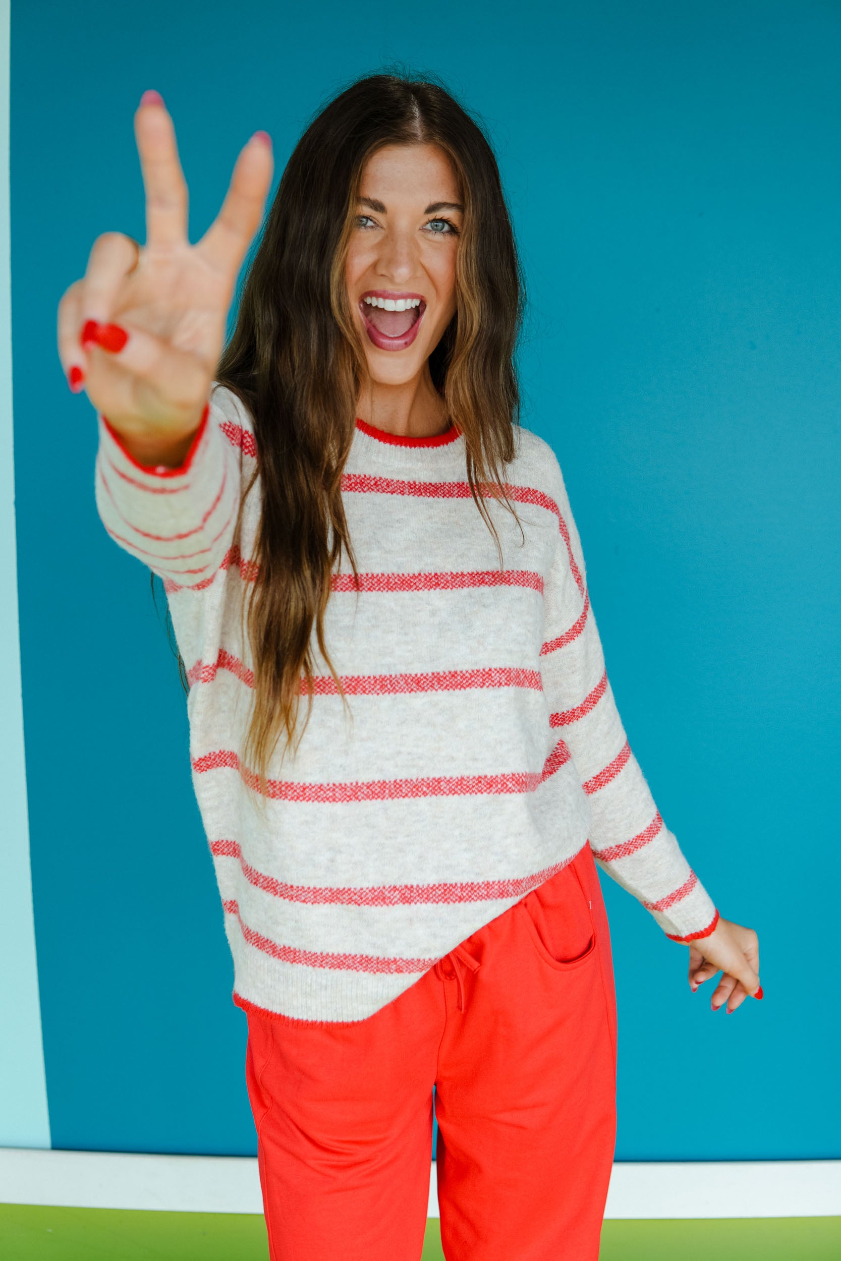 Pumpkin Picnic Striped Sweater - Oatmeal + Red