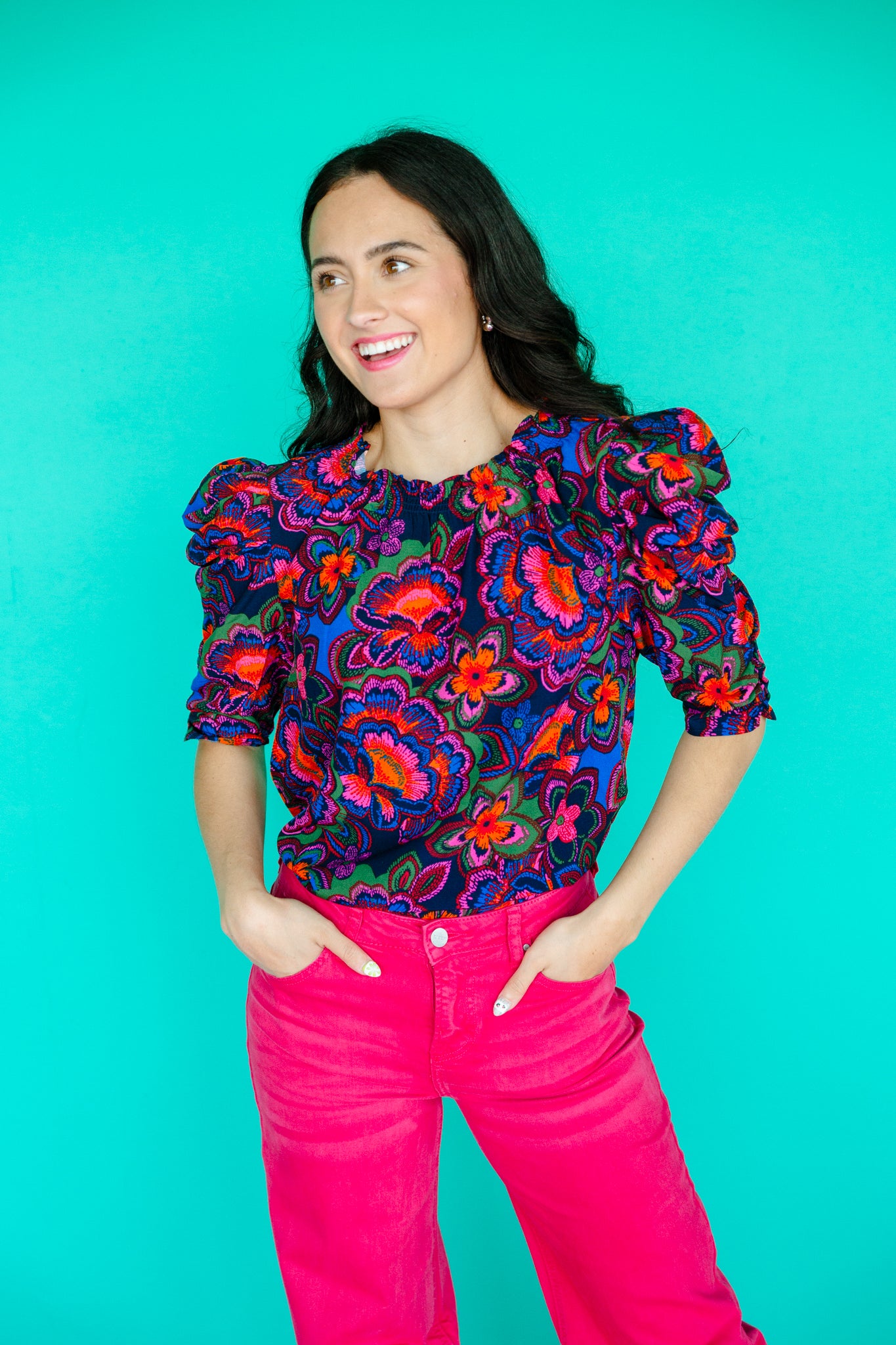 Raveena Puff Sleeve Blouse - Black + Royal Blue + Fuchsia