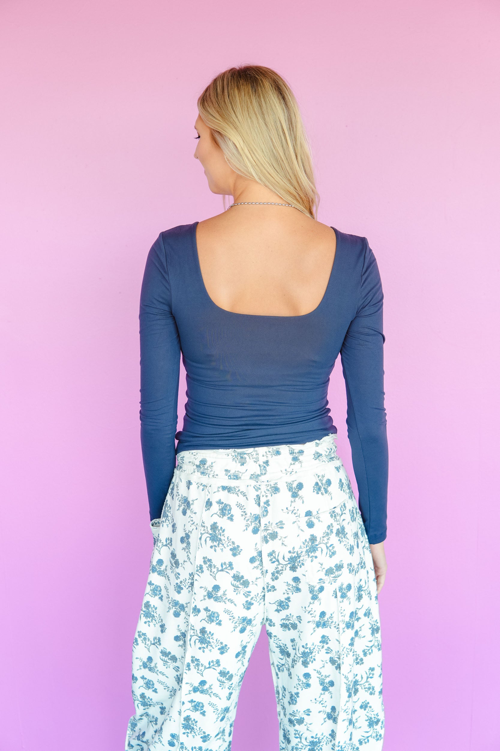 Genie Square Neck Long Sleeve Top - Navy