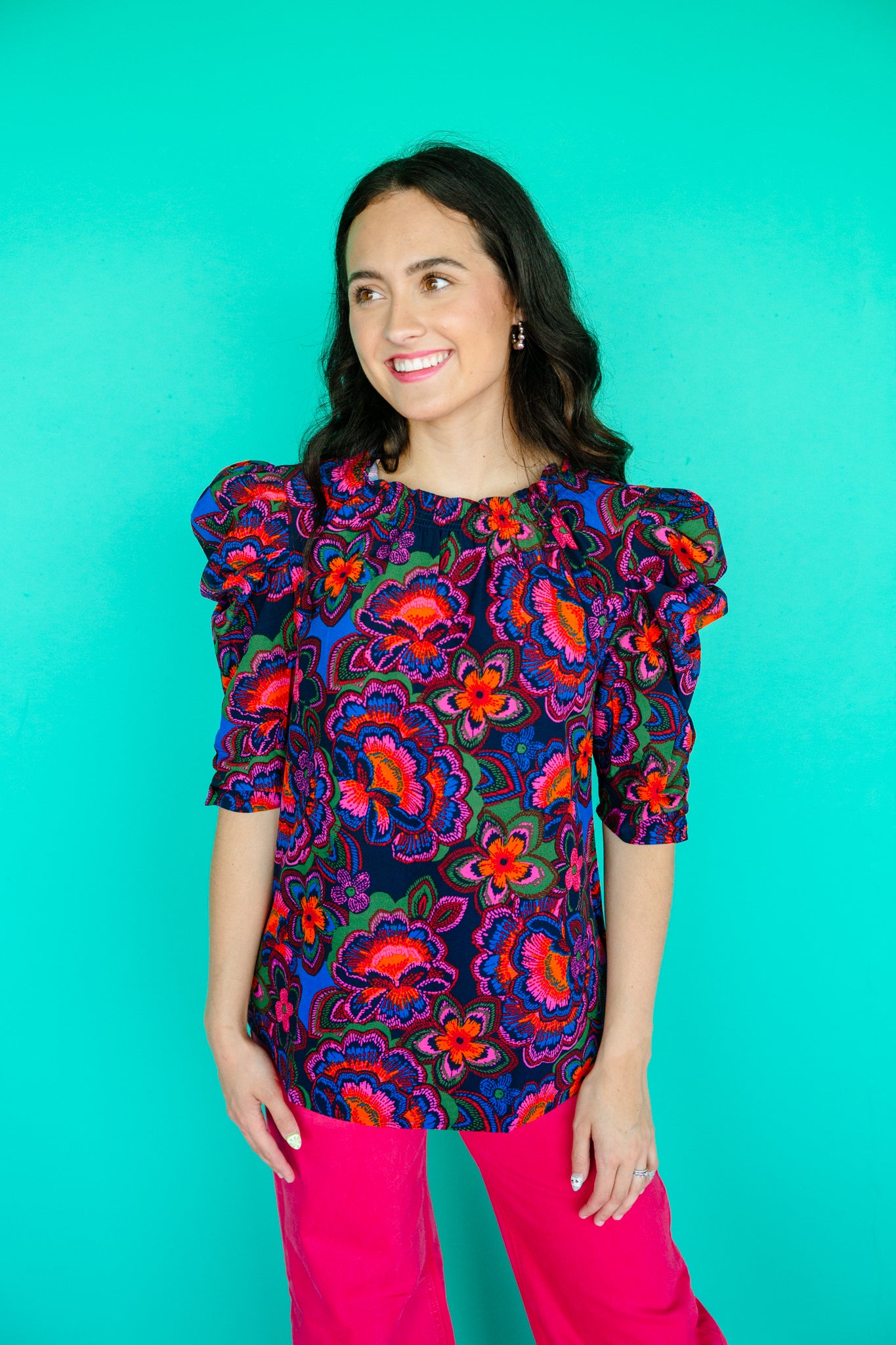 Raveena Puff Sleeve Blouse - Black + Royal Blue + Fuchsia