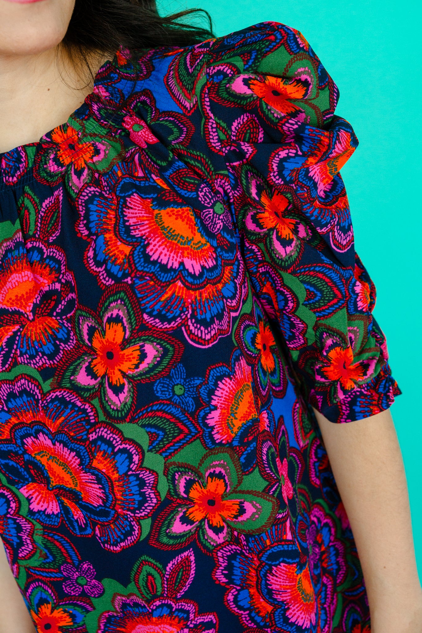 Raveena Puff Sleeve Blouse - Black + Royal Blue + Fuchsia