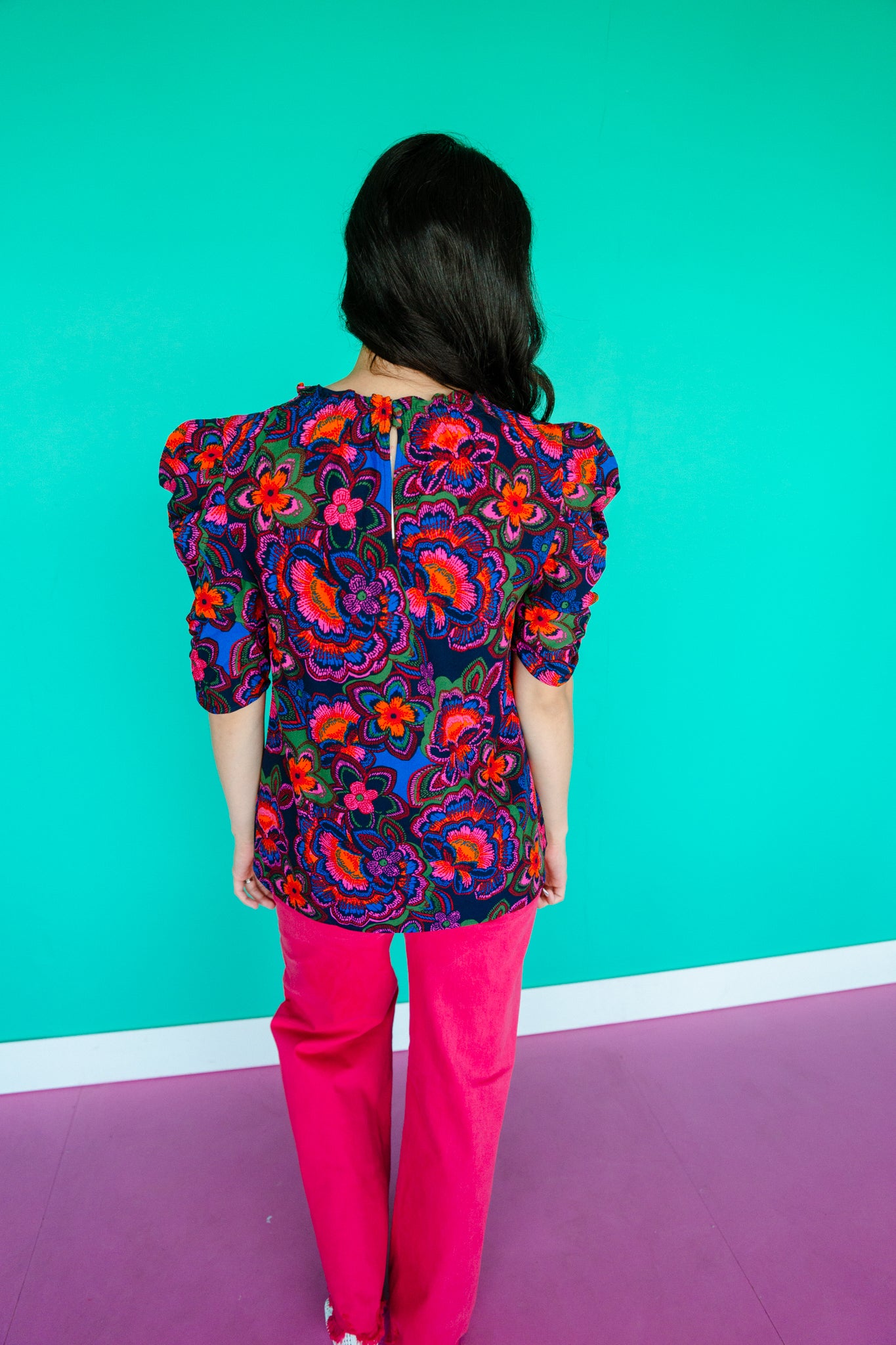 Raveena Puff Sleeve Blouse - Black + Royal Blue + Fuchsia