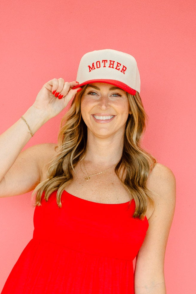 Mama Mia Curved Mother Embroidered Hat - Cream + Red