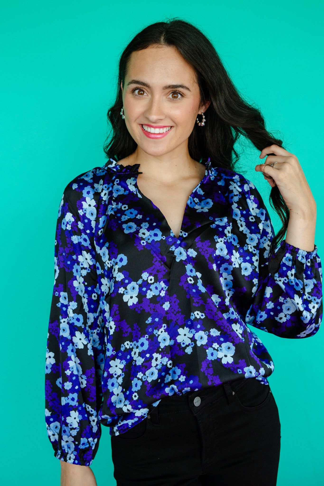 Jovie Satin V-Neck Blouse - Black + Royal Purple + Silver