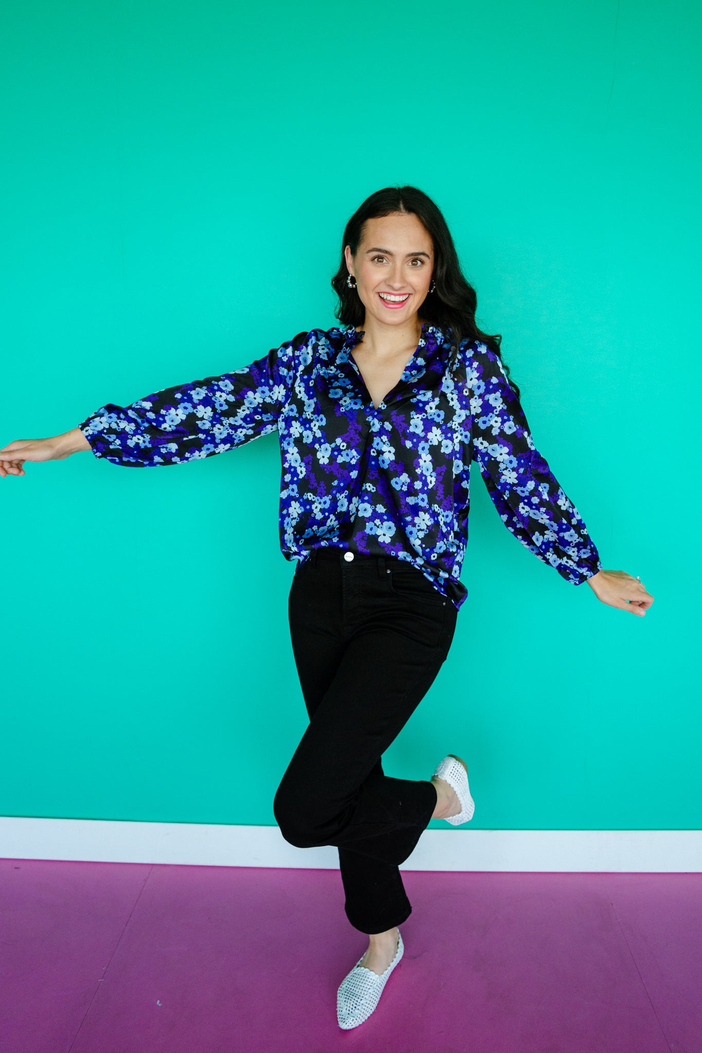 Jovie Satin V-Neck Blouse - Black + Royal Purple + Silver