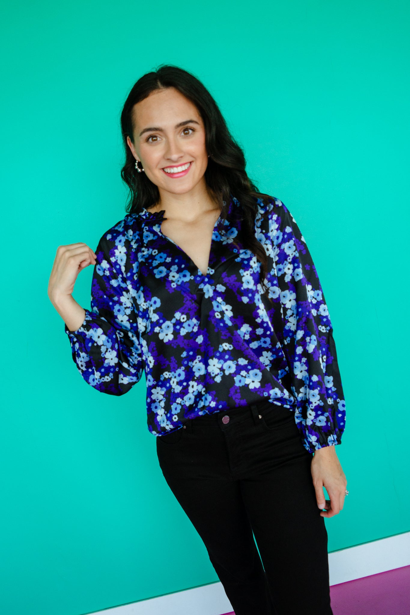 Jovie Satin V-Neck Blouse - Black + Royal Purple + Silver