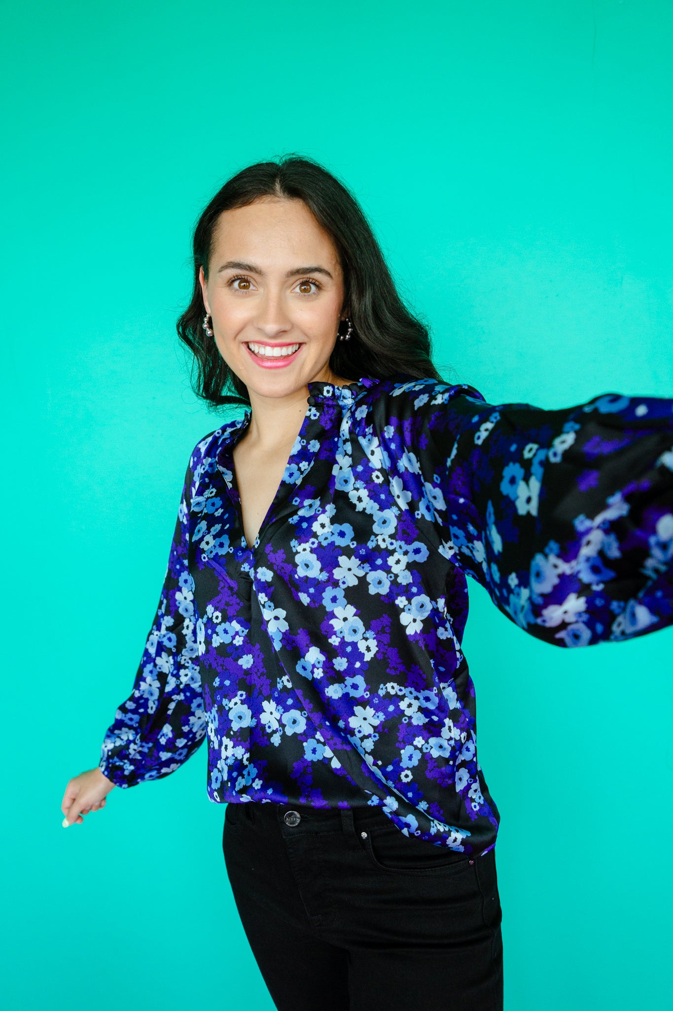 Jovie Satin V-Neck Blouse - Black + Royal Purple + Silver