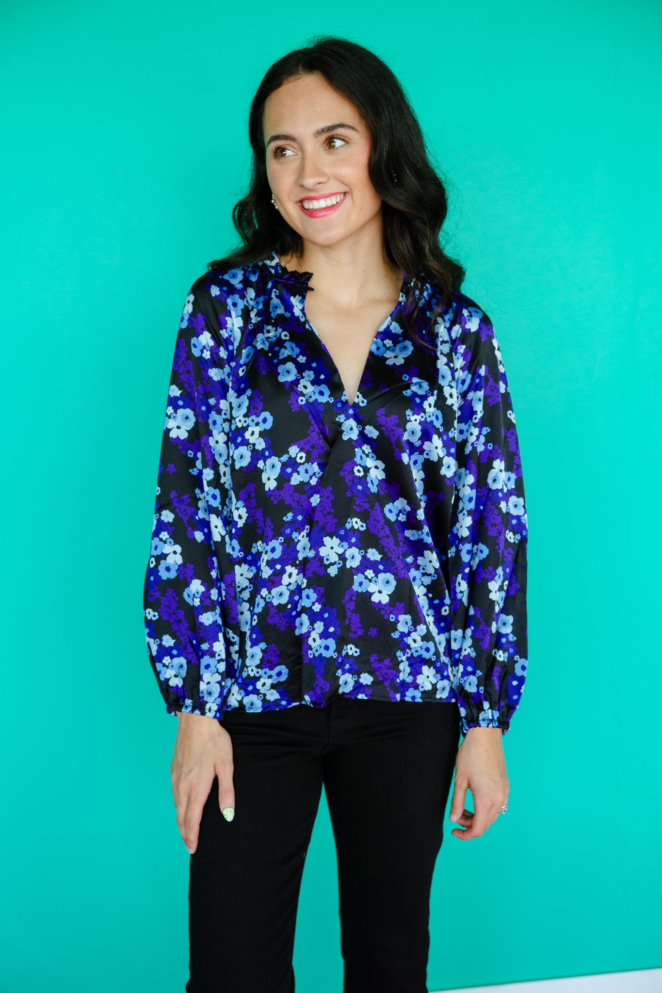 Jovie Satin V-Neck Blouse - Black + Royal Purple + Silver