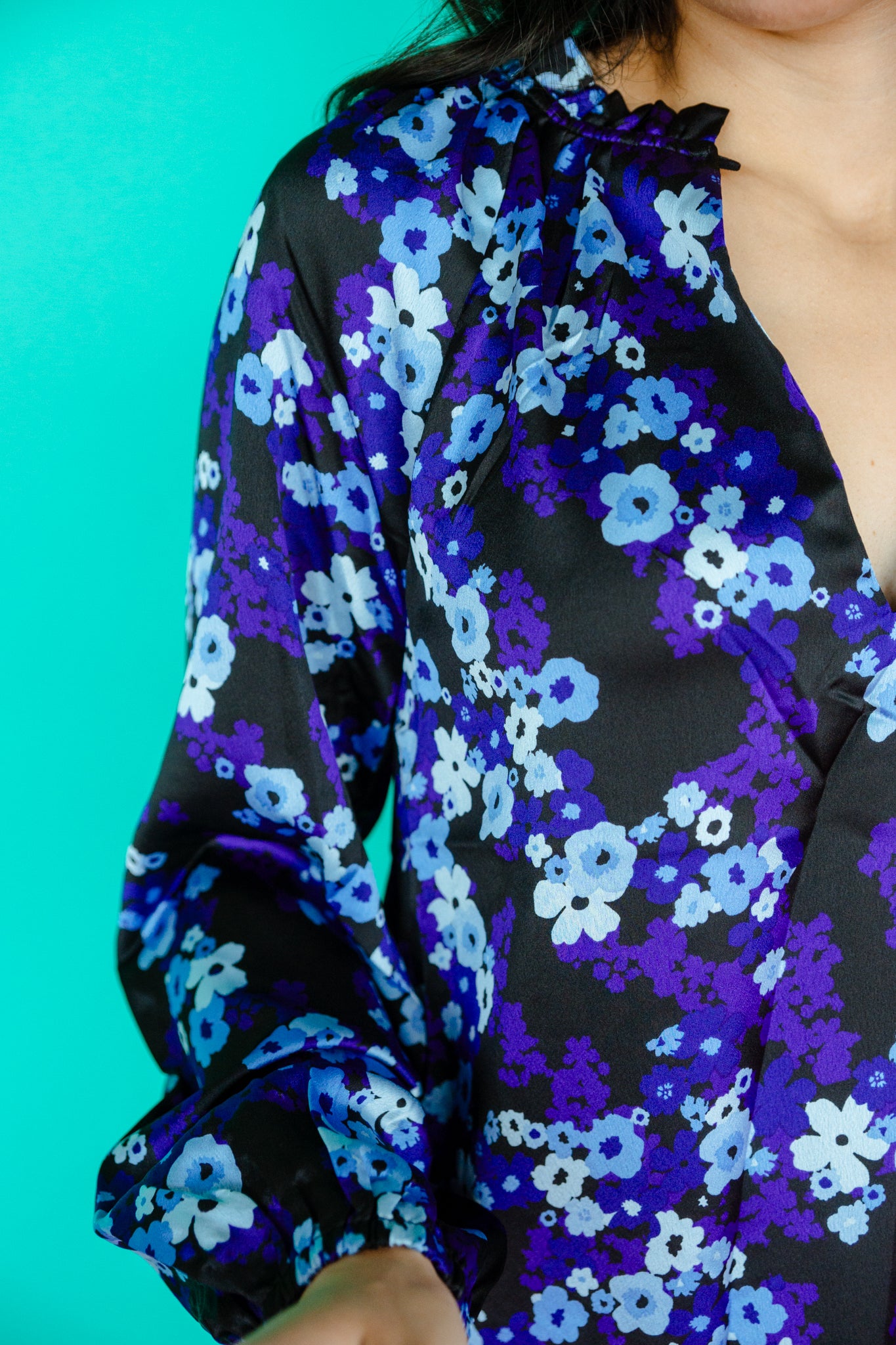 Jovie Satin V-Neck Blouse - Black + Royal Purple + Silver