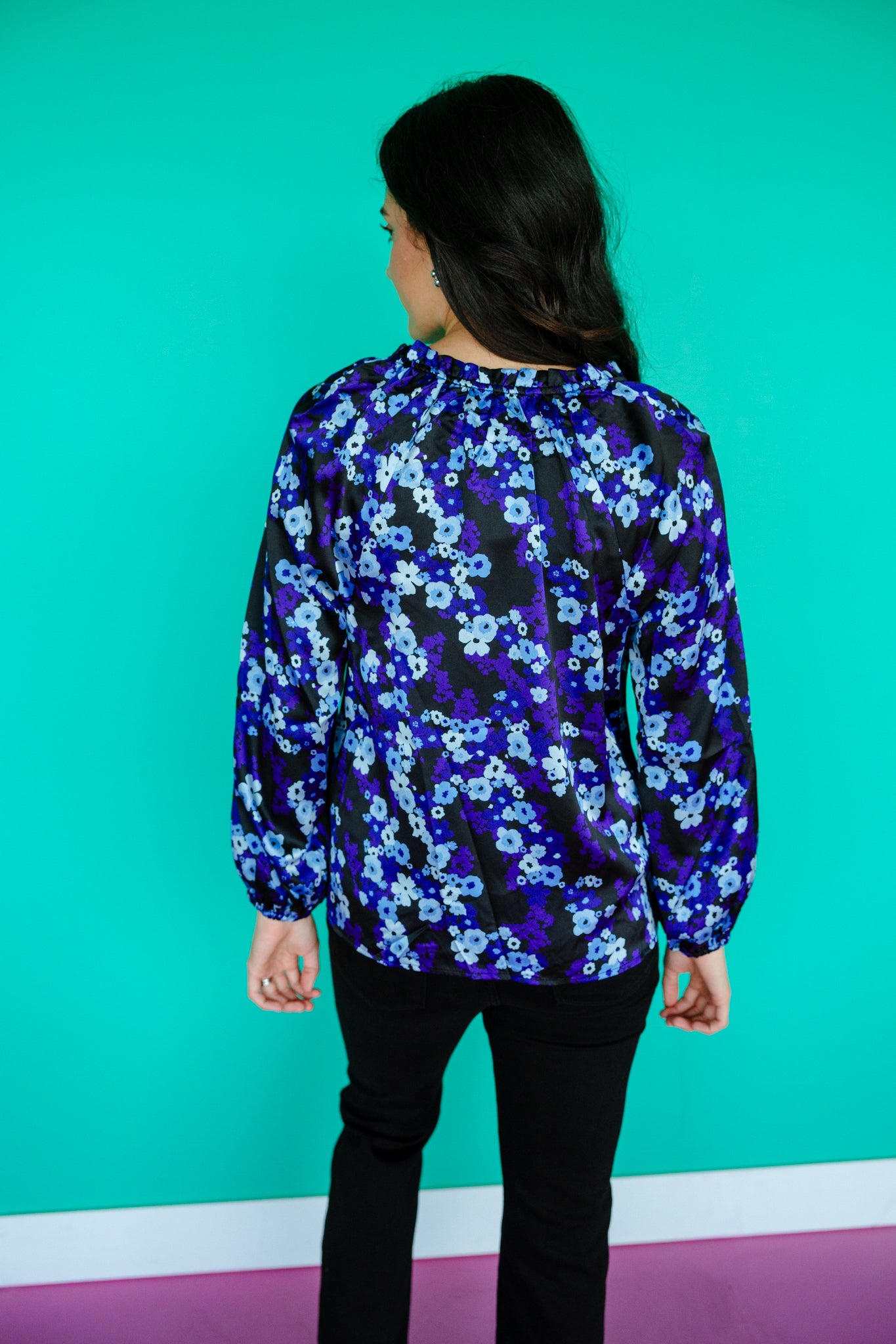 Jovie Satin V-Neck Blouse - Black + Royal Purple + Silver