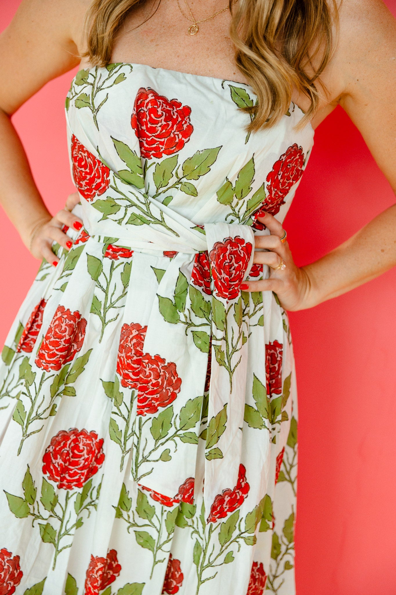 Lauren Strapless Floral Dress - Cream + Brick + Olive