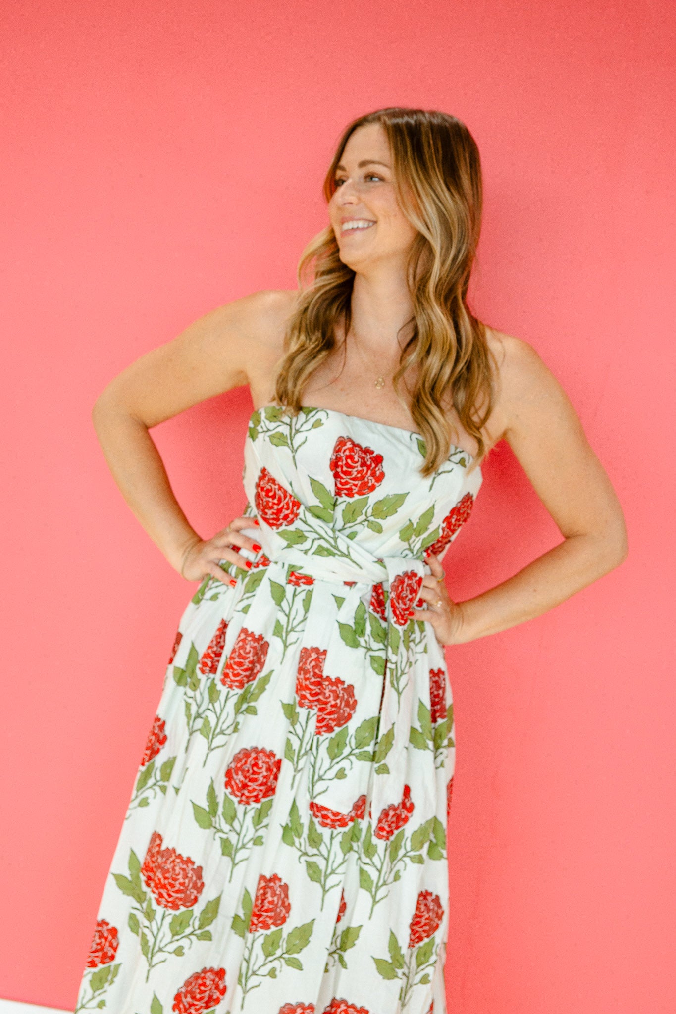 Lauren Strapless Floral Dress - Cream + Brick + Olive