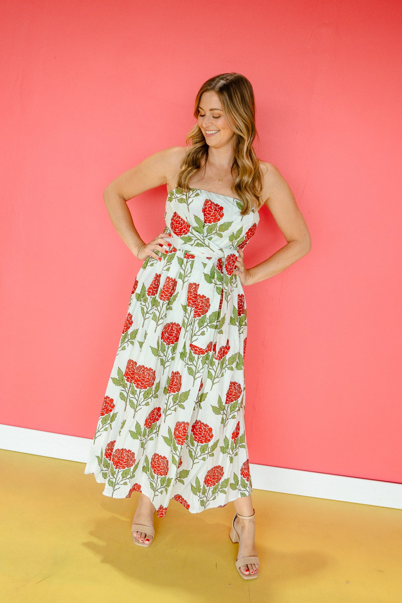 Lauren Strapless Floral Dress - Cream + Brick + Olive
