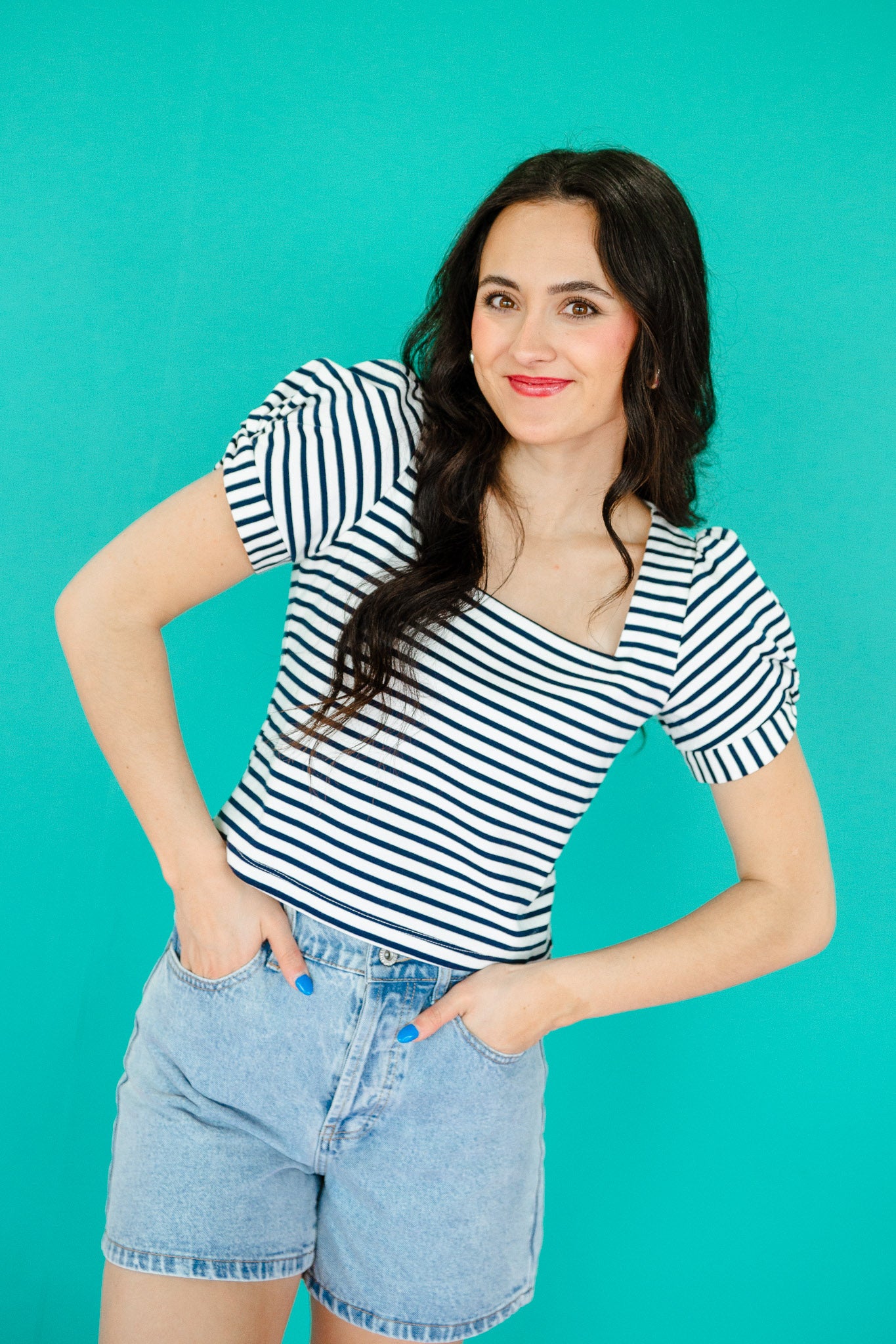 Kaidence Striped Puff Sleeve Top - Dark Navy + White