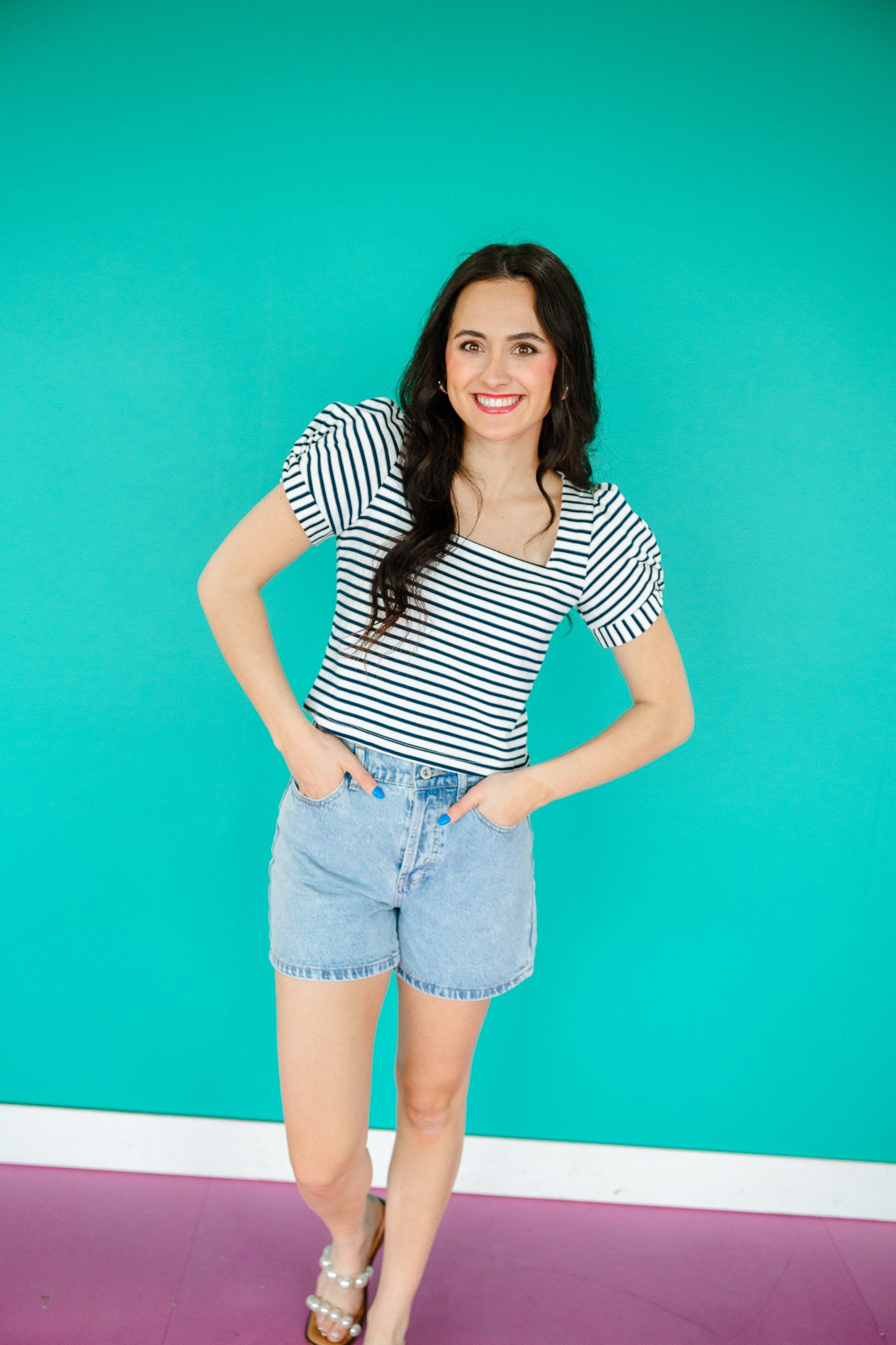Kaidence Striped Puff Sleeve Top - Dark Navy + White
