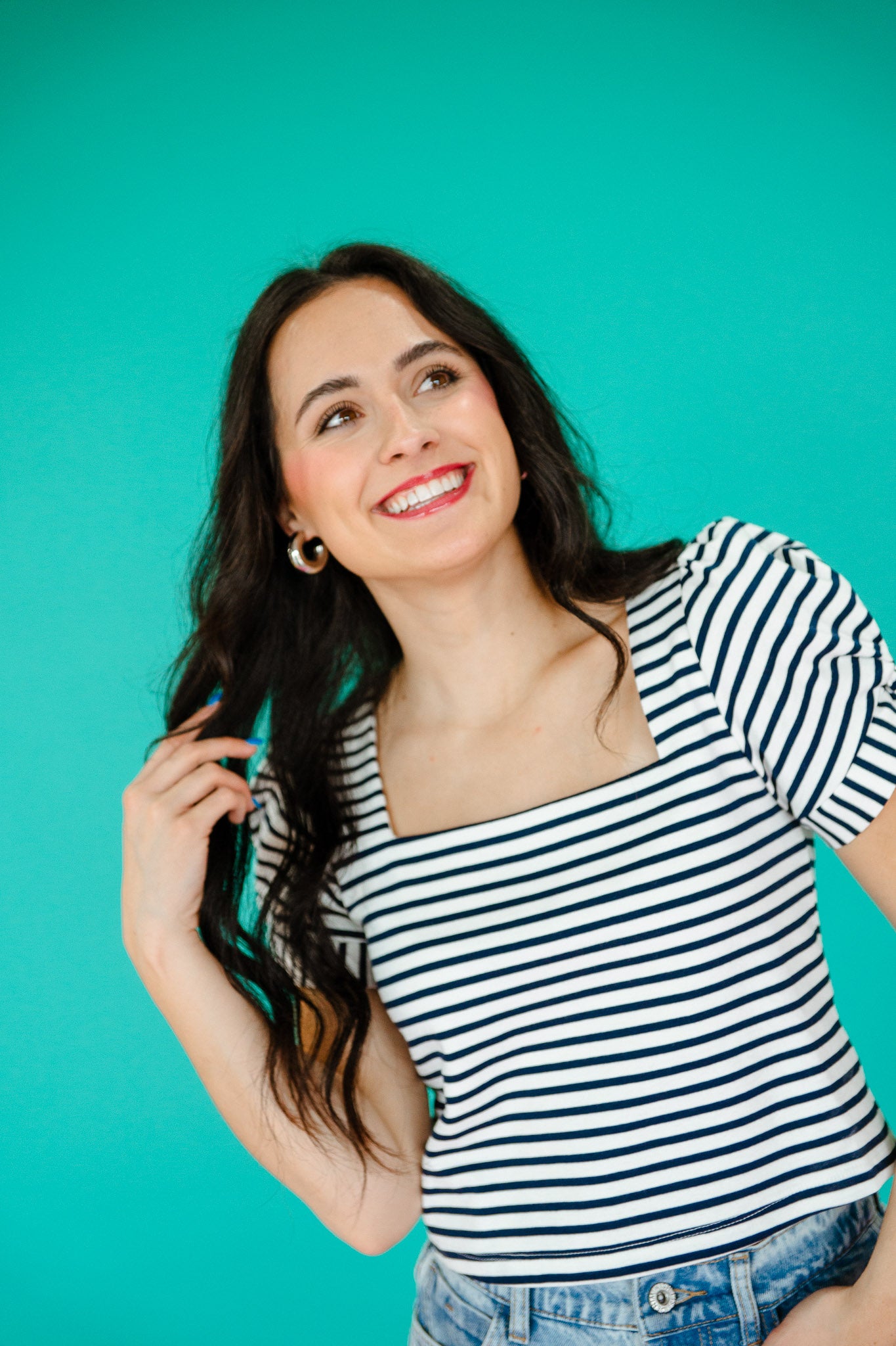 Kaidence Striped Puff Sleeve Top - Dark Navy + White