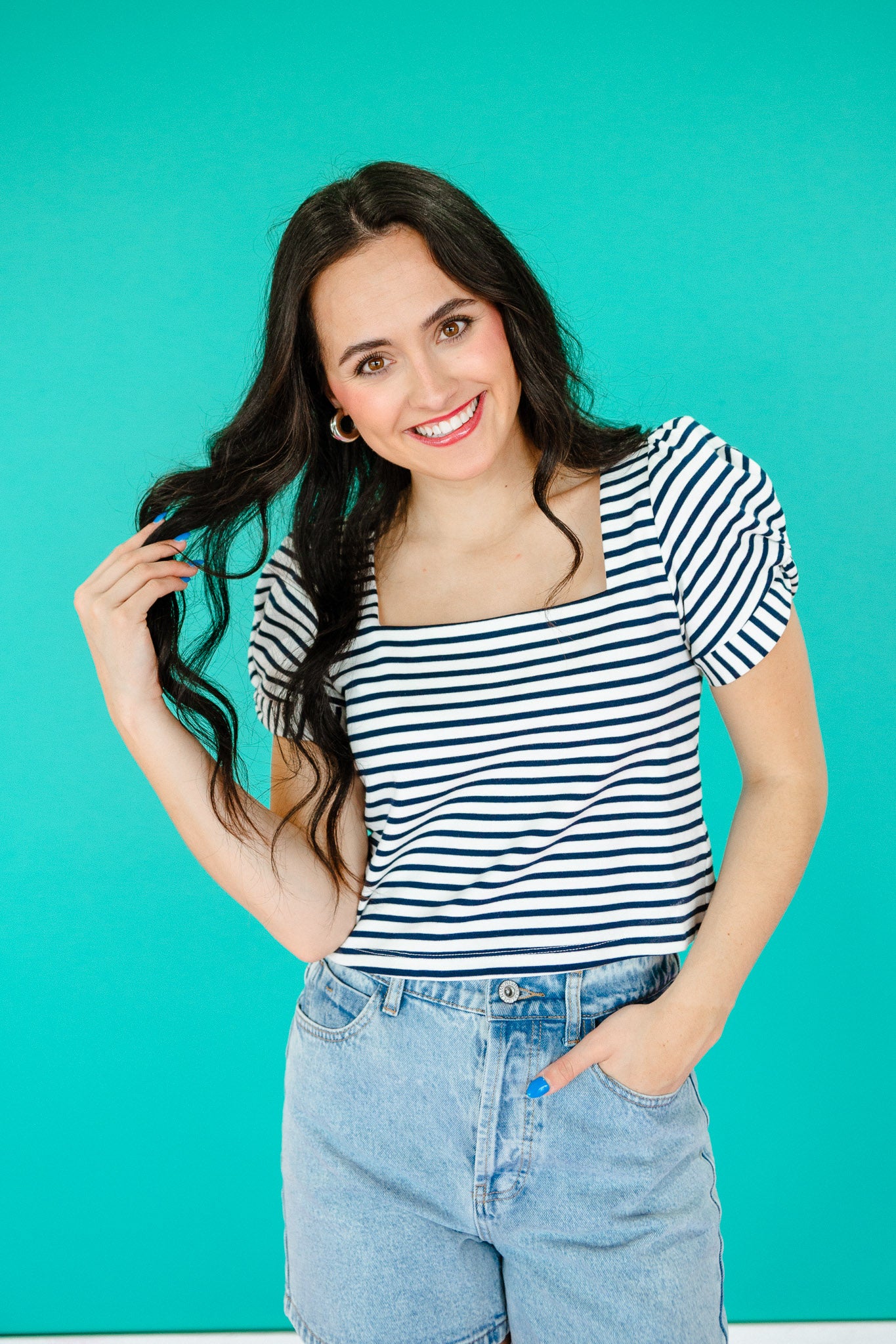Kaidence Striped Puff Sleeve Top - Dark Navy + White