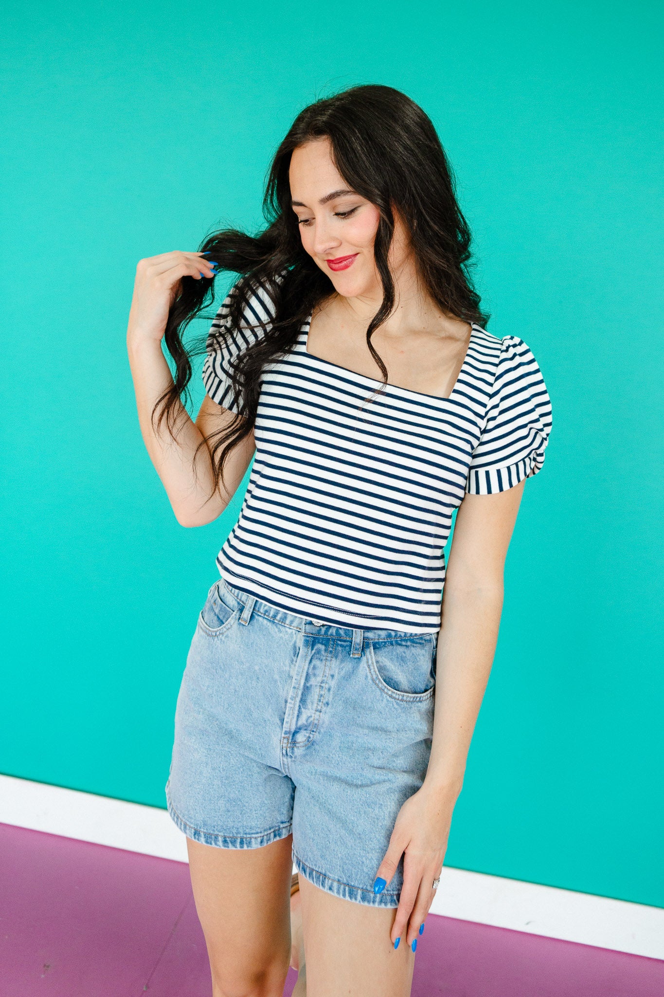 Kaidence Striped Puff Sleeve Top - Dark Navy + White
