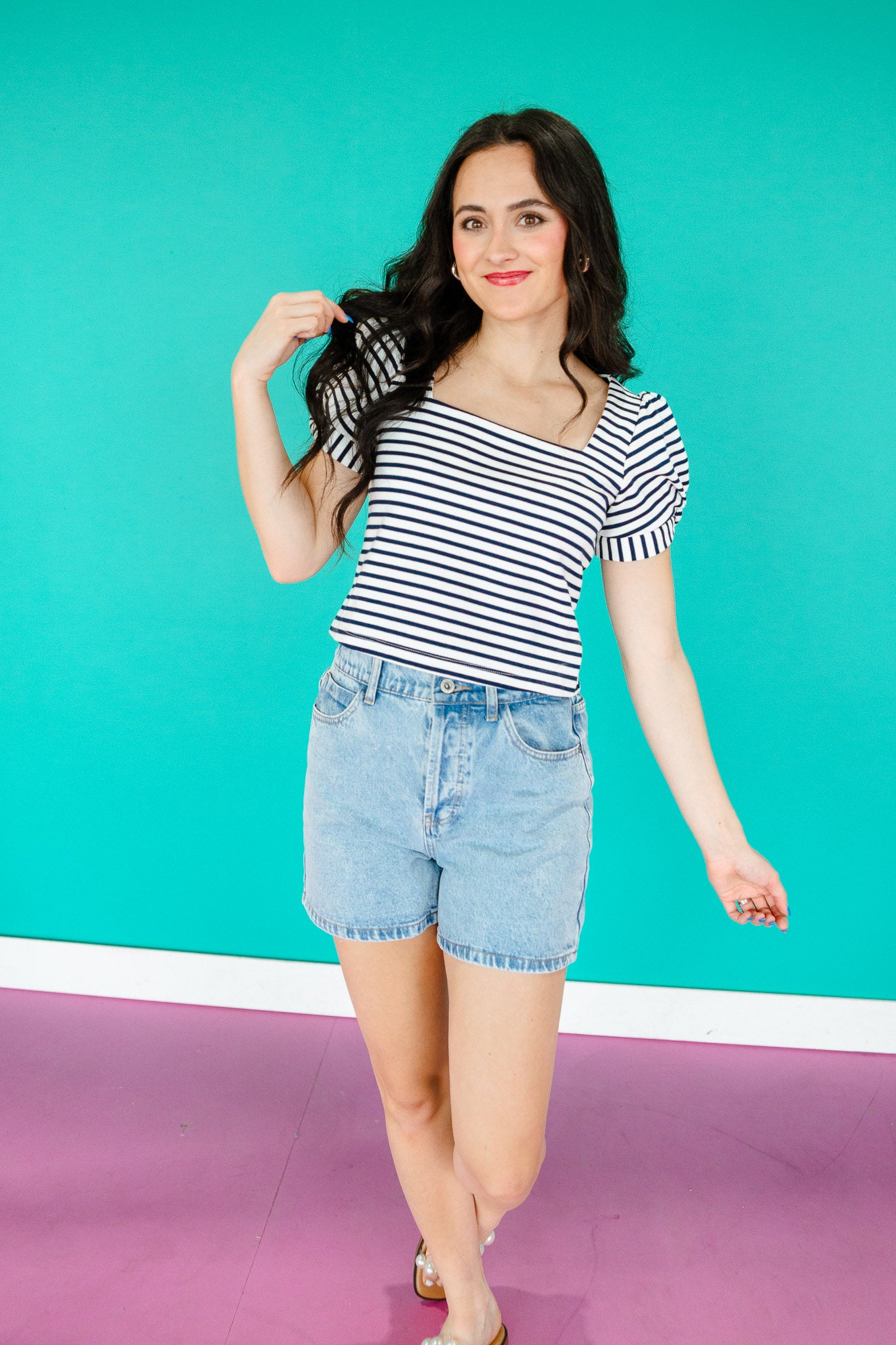 Kaidence Striped Puff Sleeve Top - Dark Navy + White