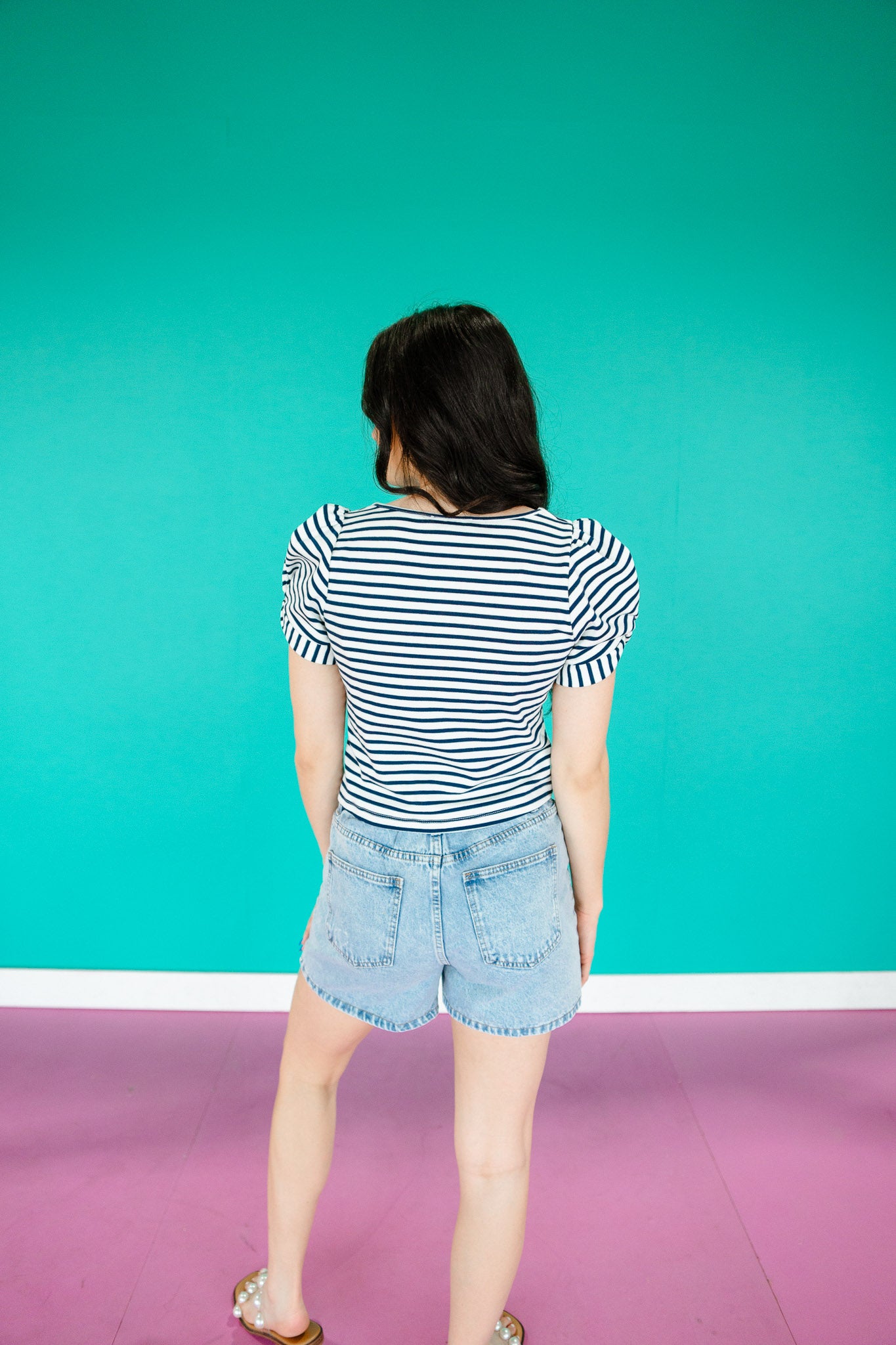 Kaidence Striped Puff Sleeve Top - Dark Navy + White