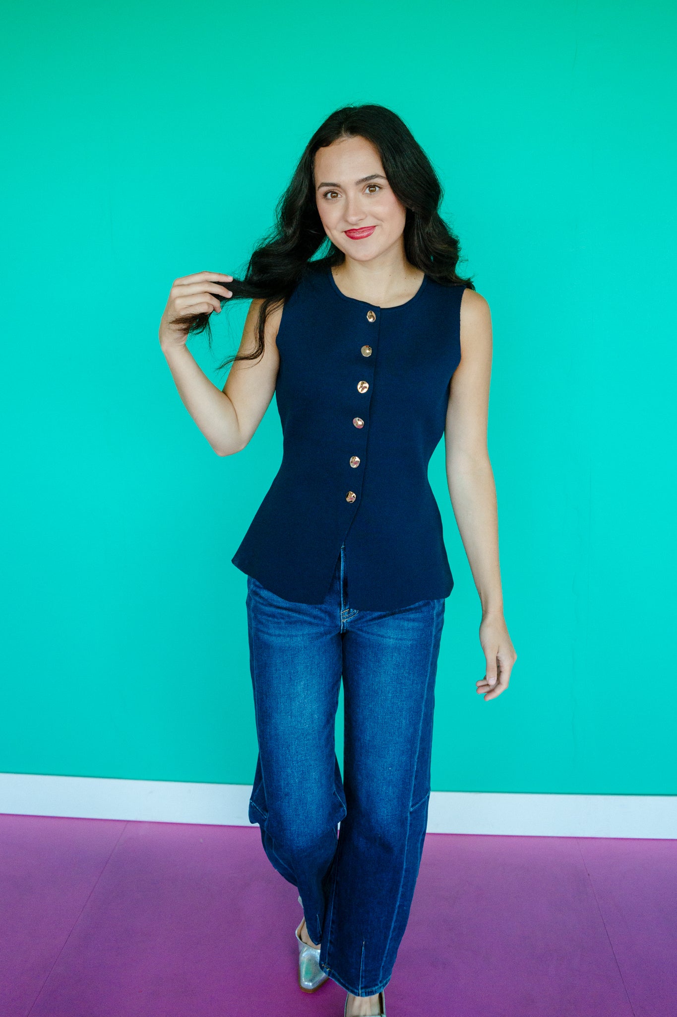 Tracy Sleeveless Button Down Sweater - Dark Navy