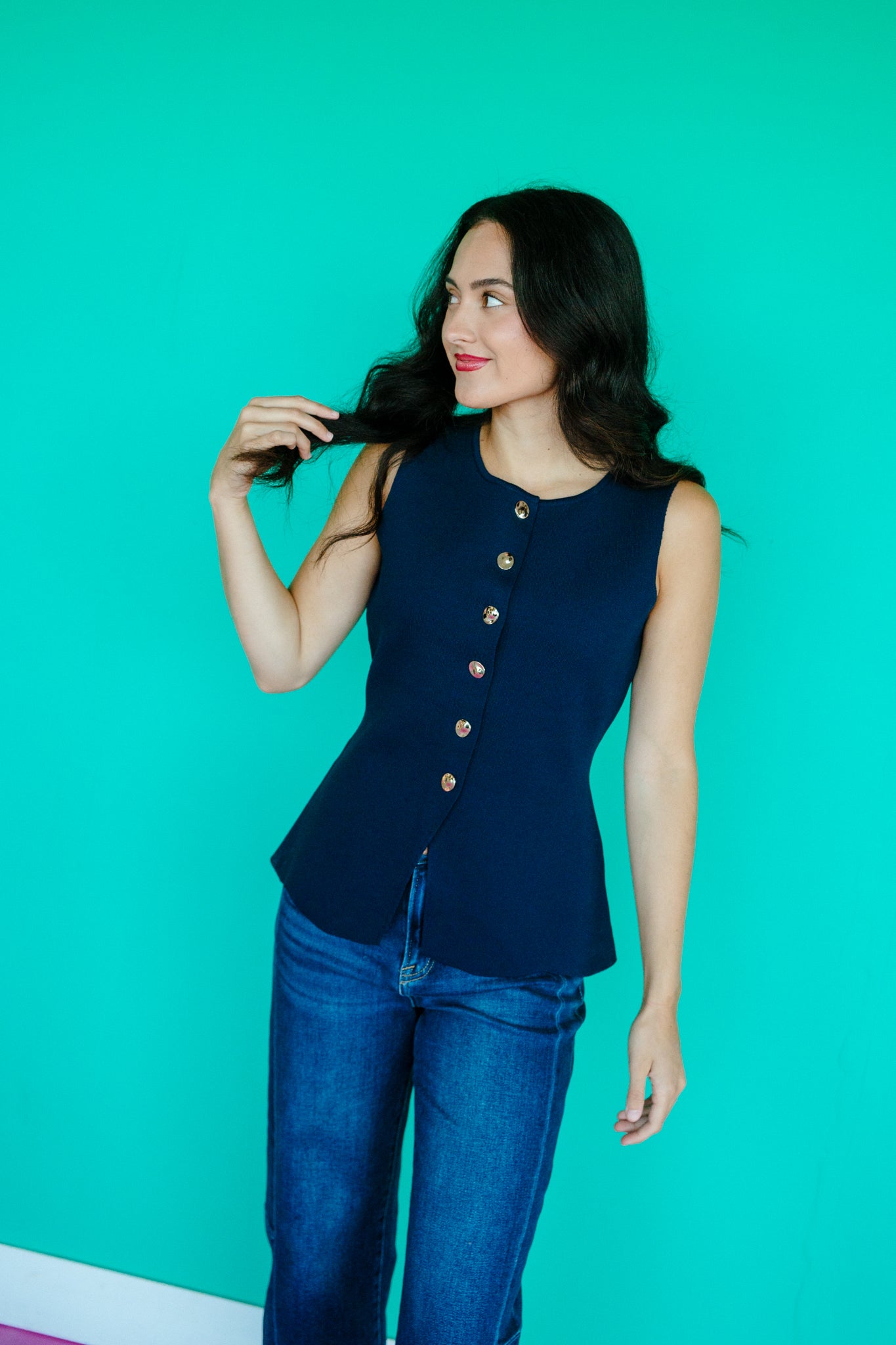 Tracy Sleeveless Button Down Sweater - Dark Navy