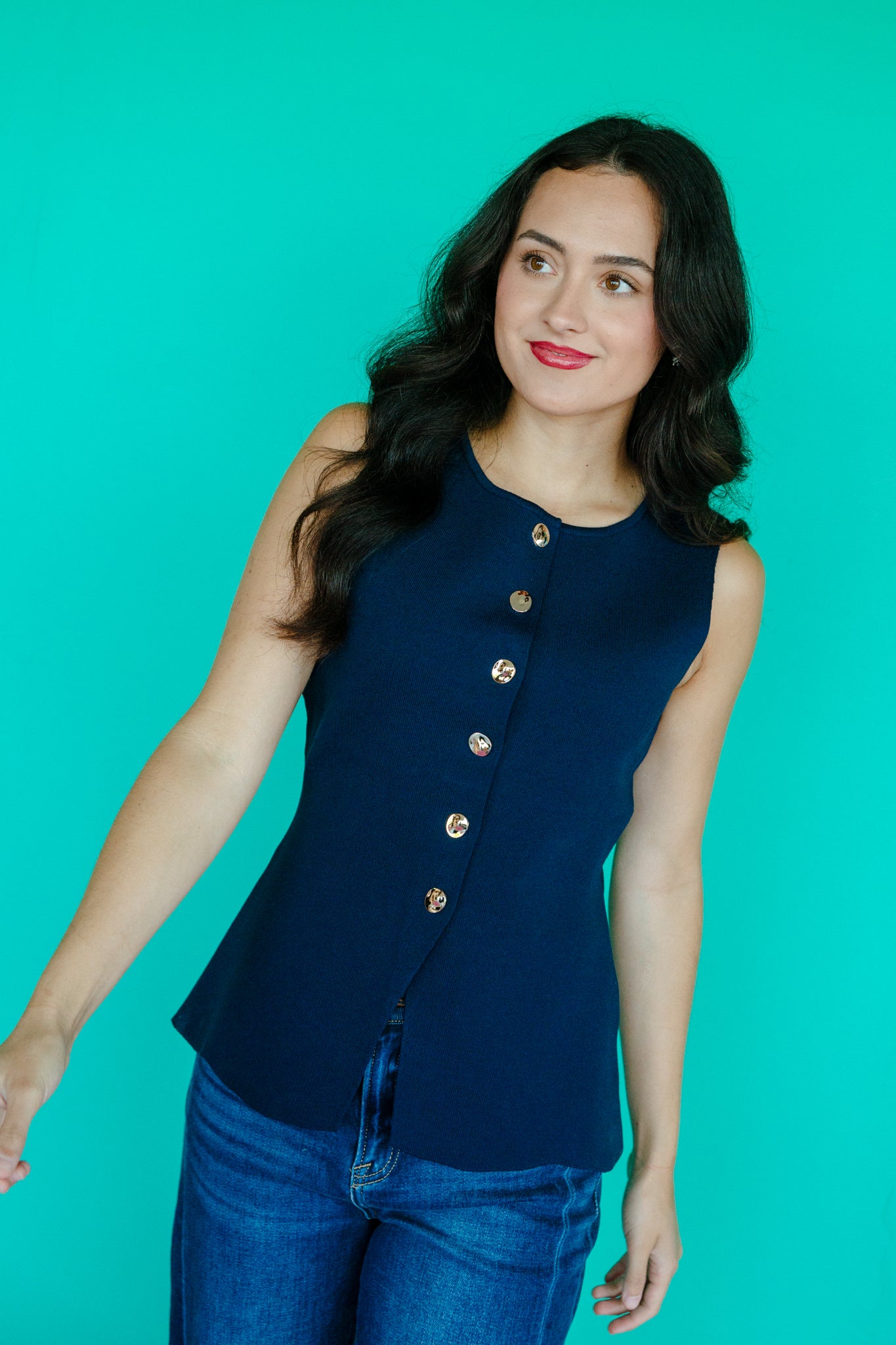 Tracy Sleeveless Button Down Sweater - Dark Navy