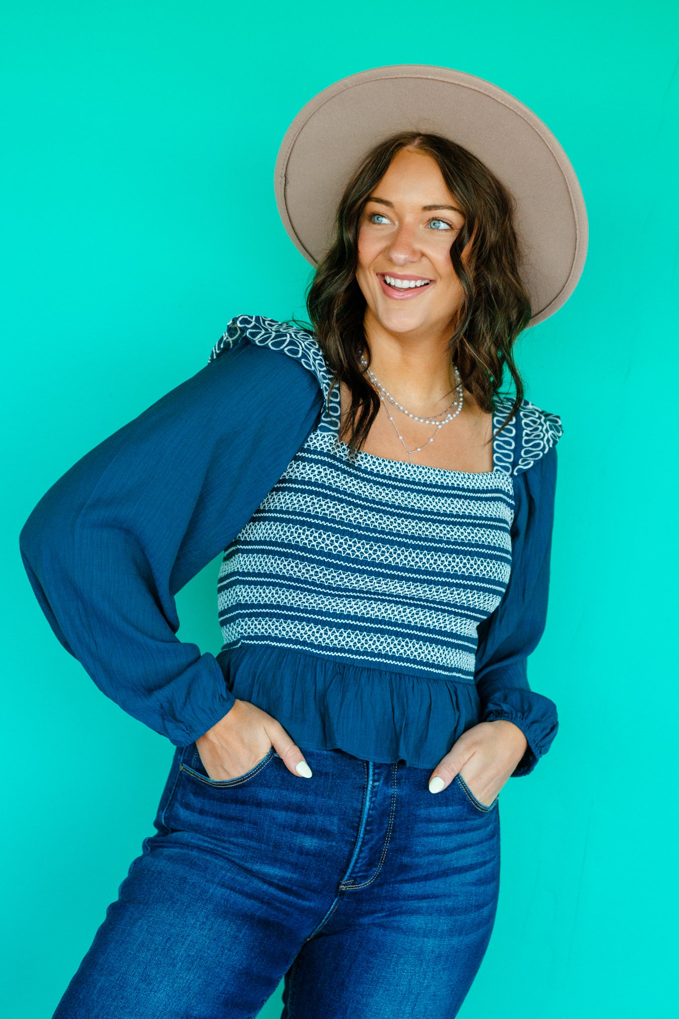 Lucianna Embroidered Peplum Blouse - Kingfisher