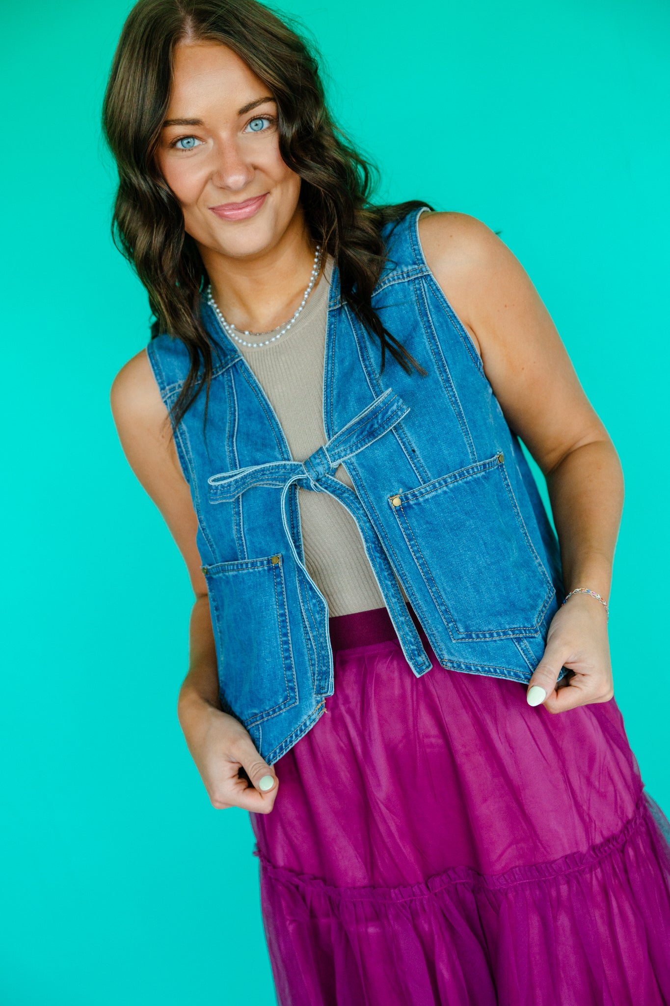 Liza Tie Front Denim Vest - Light Wash