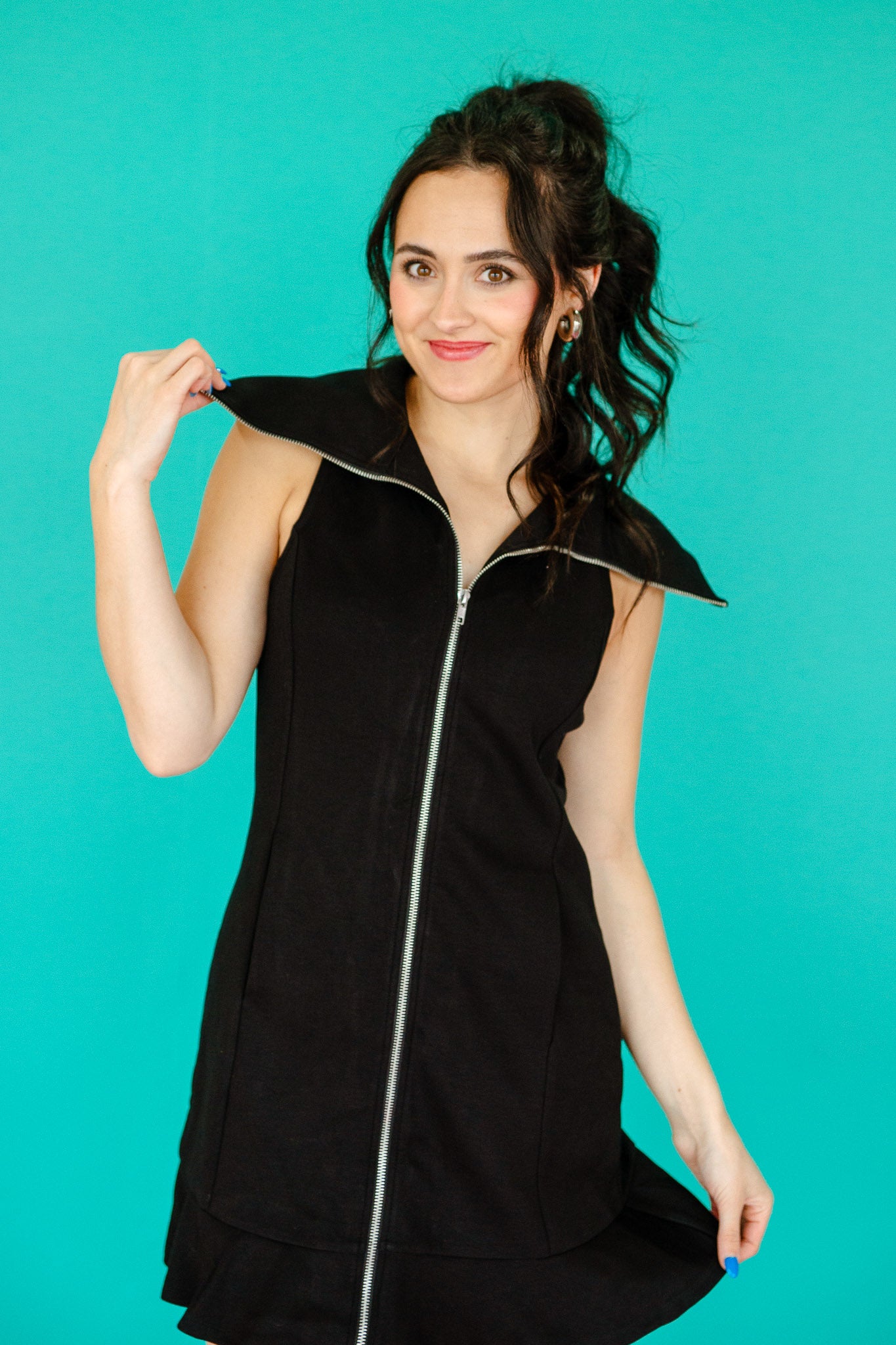 Stefanie Collared Zip-Up Mini Dress - Black