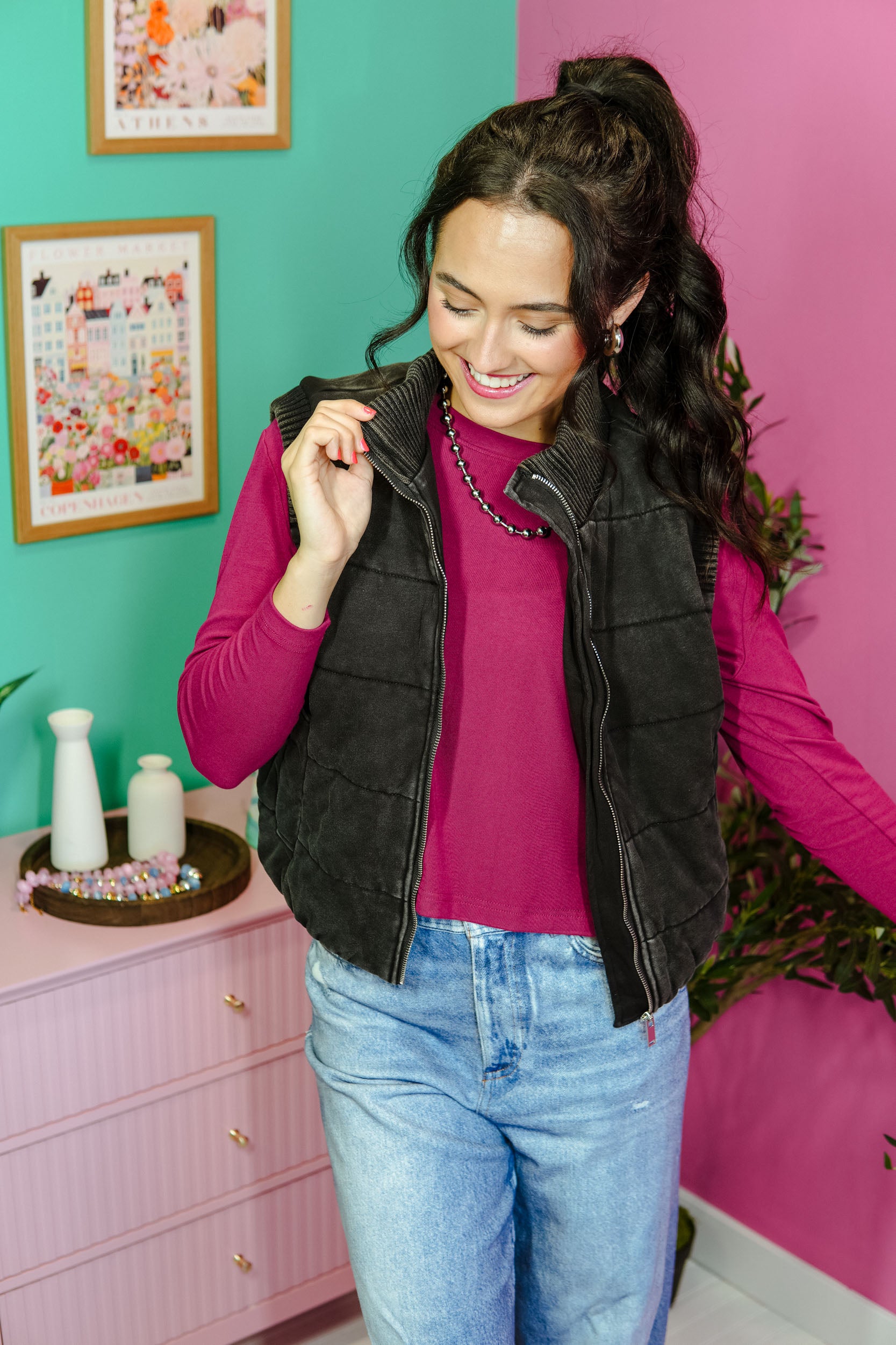 Easy Layer Mix Media Quilted Vest - Black