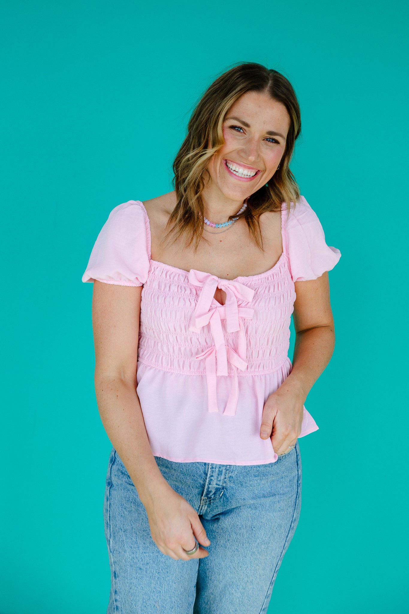 Justine Front Tie Smocked Top - Clover