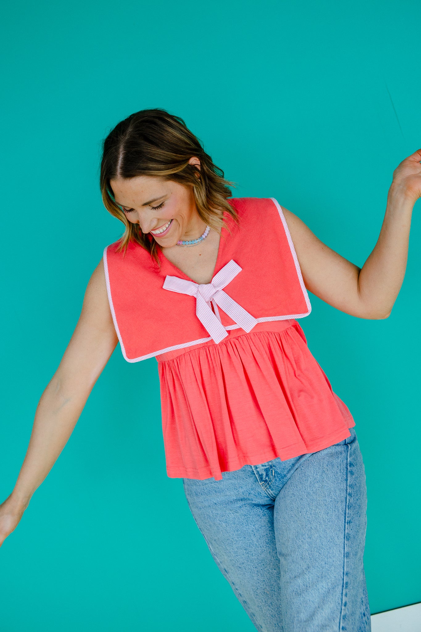 Santana Sailor Collared Top - Coral Red