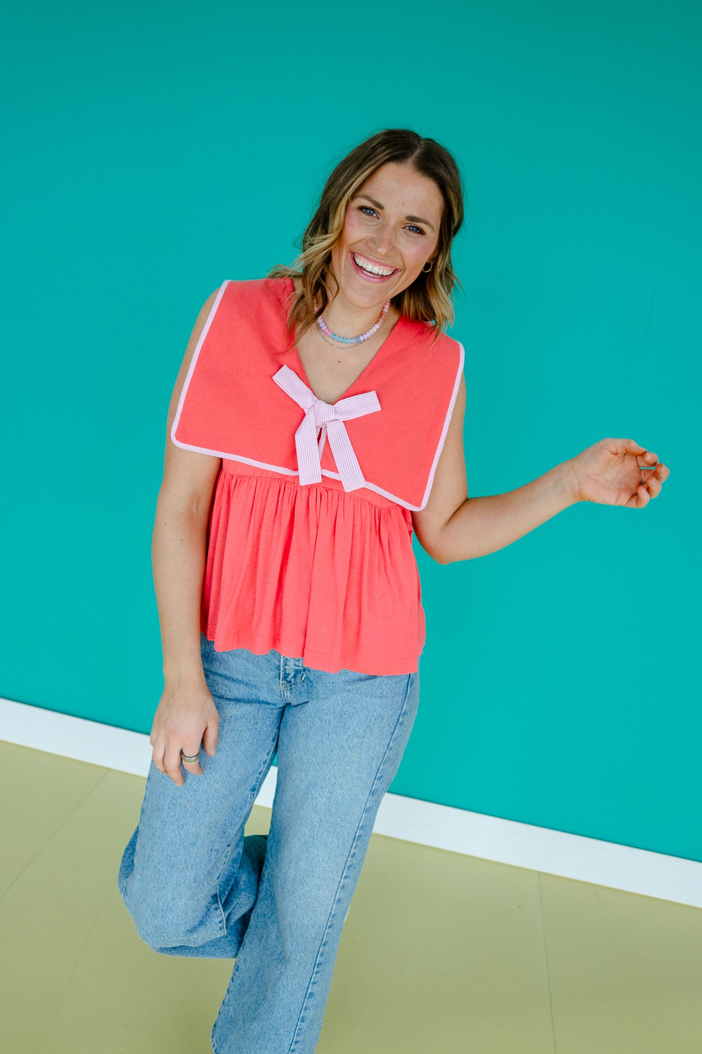 Santana Sailor Collared Top - Coral Red