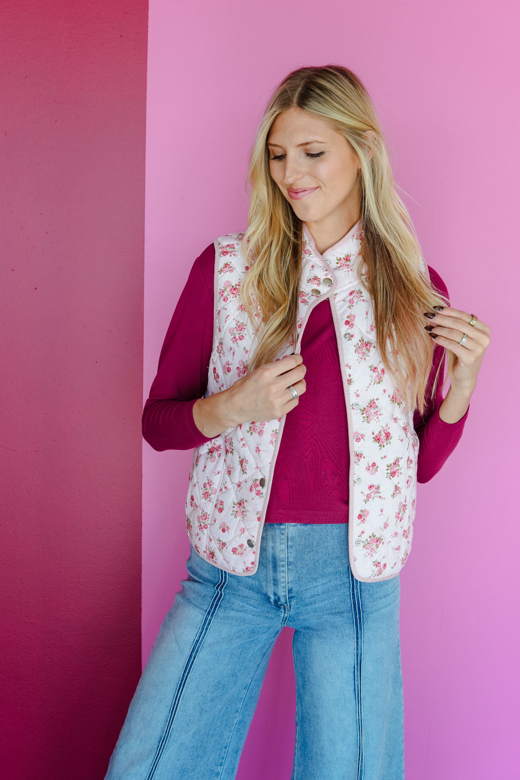 Vintage Bloom Floral Quilted Vest - Pastel Rose