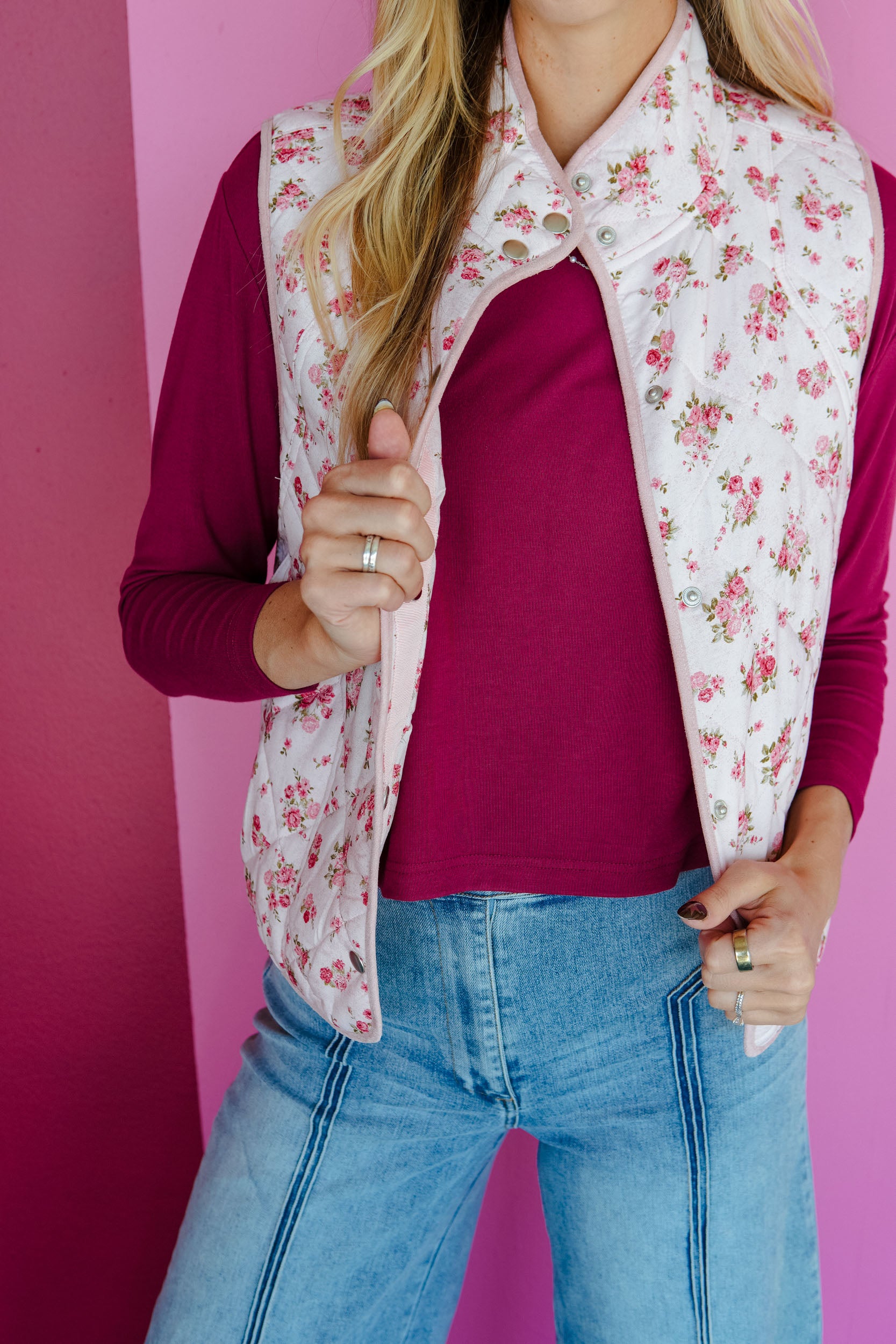 Vintage Bloom Floral Quilted Vest - Pastel Rose