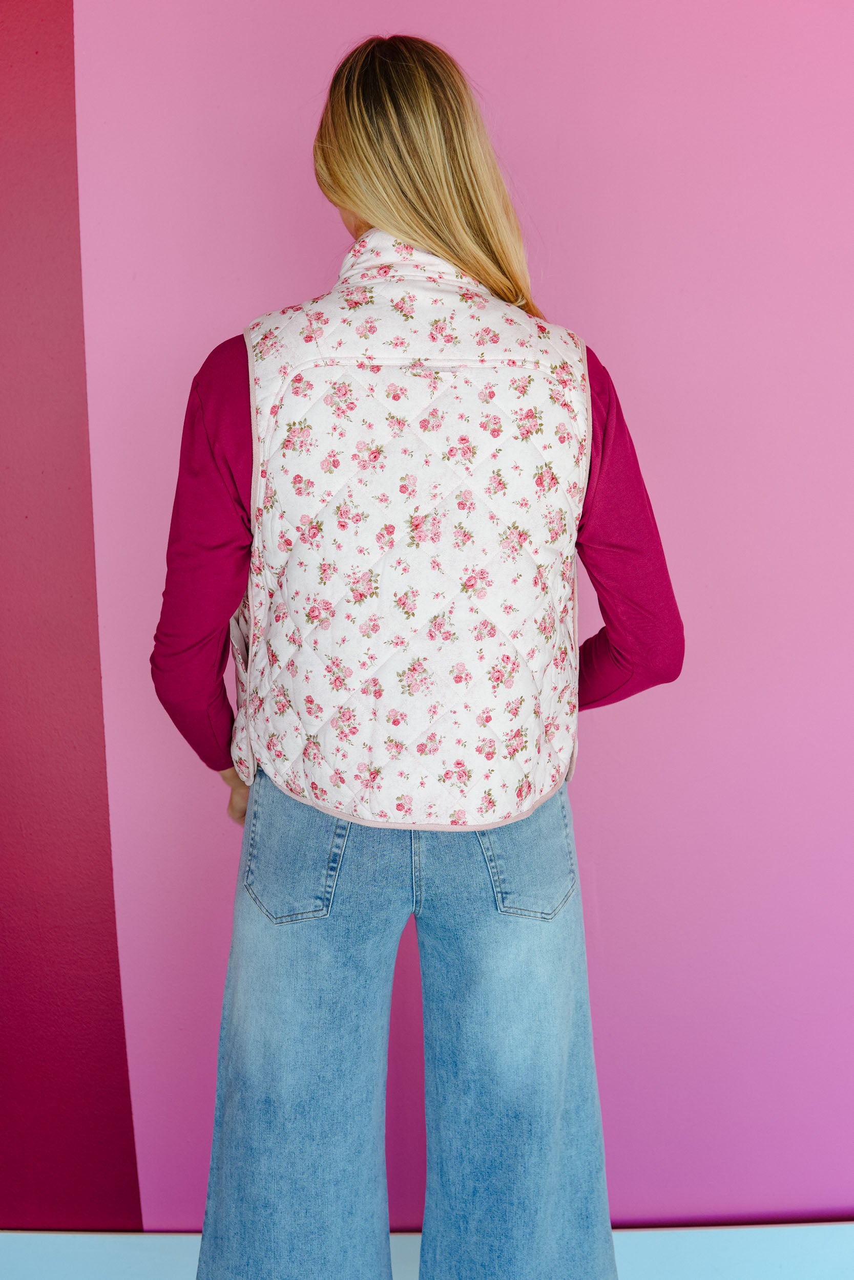 Vintage Bloom Floral Quilted Vest - Pastel Rose
