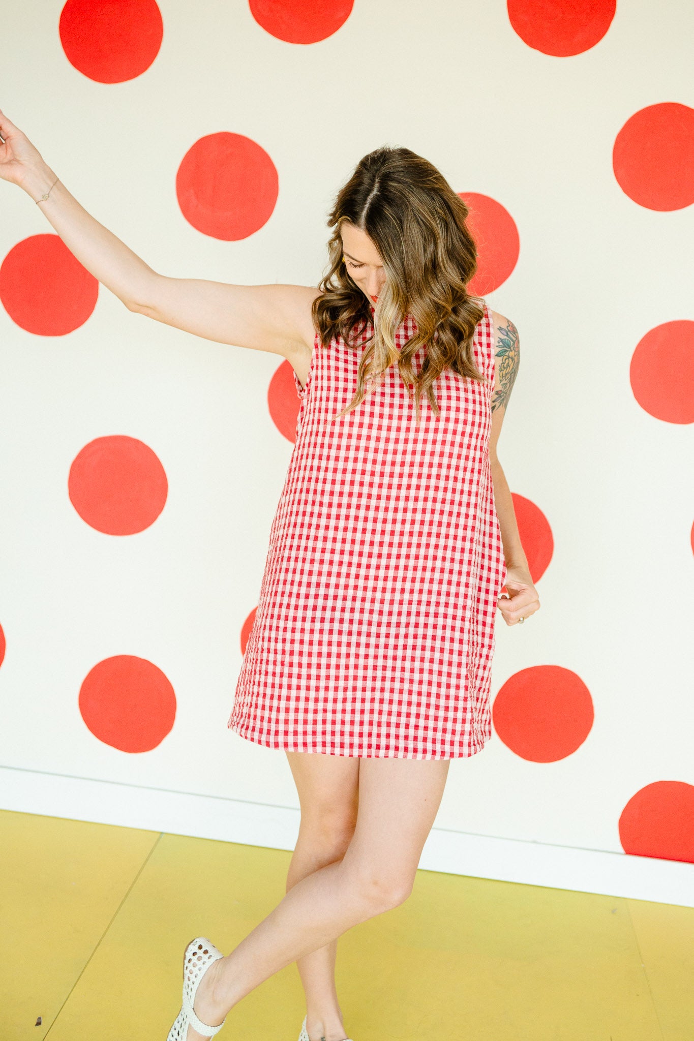Uptown Gingham Mini Dress - Soft Warm Red