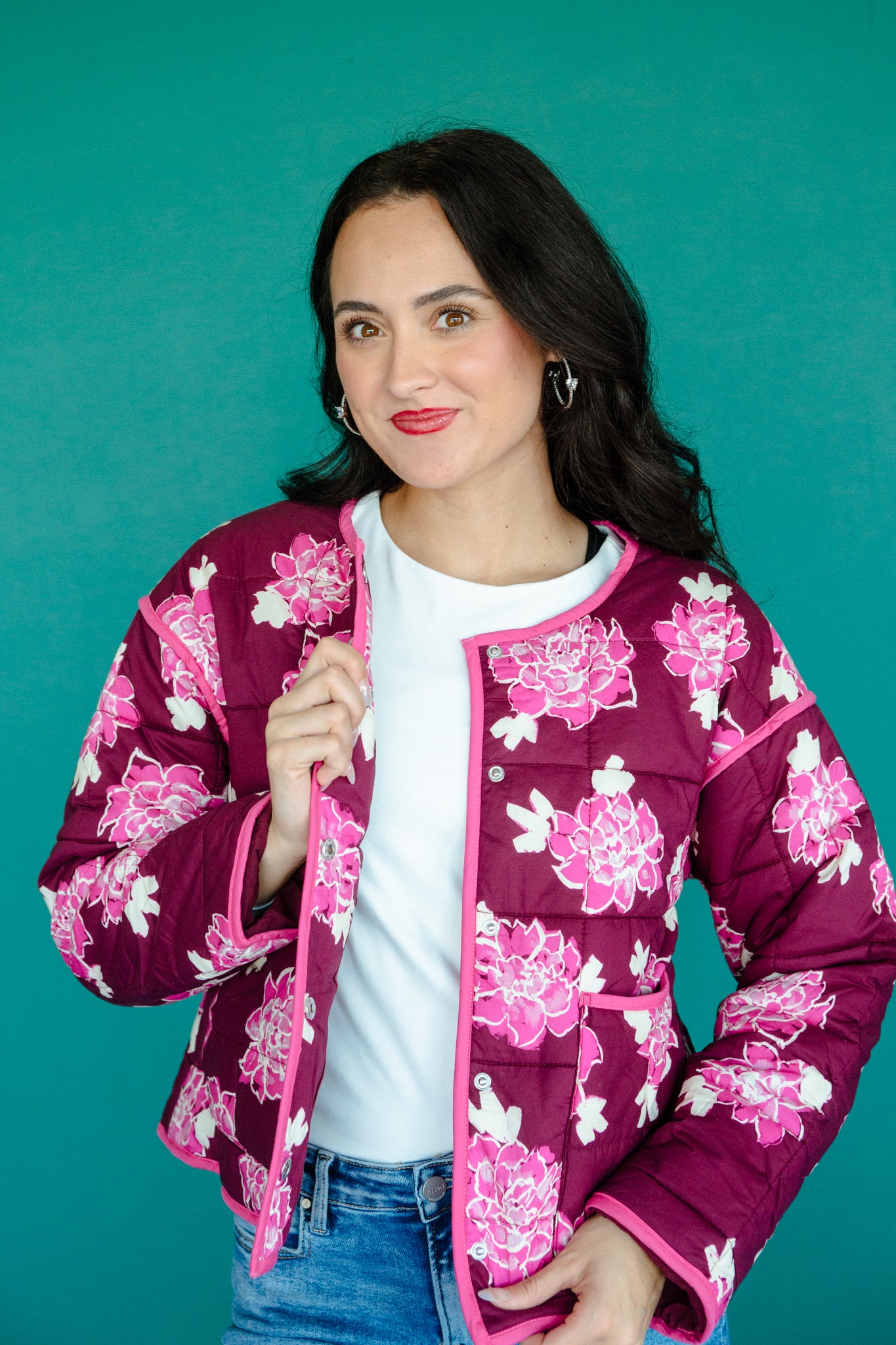 Mia Floral Quilted Jacket - Berry + Raspberry