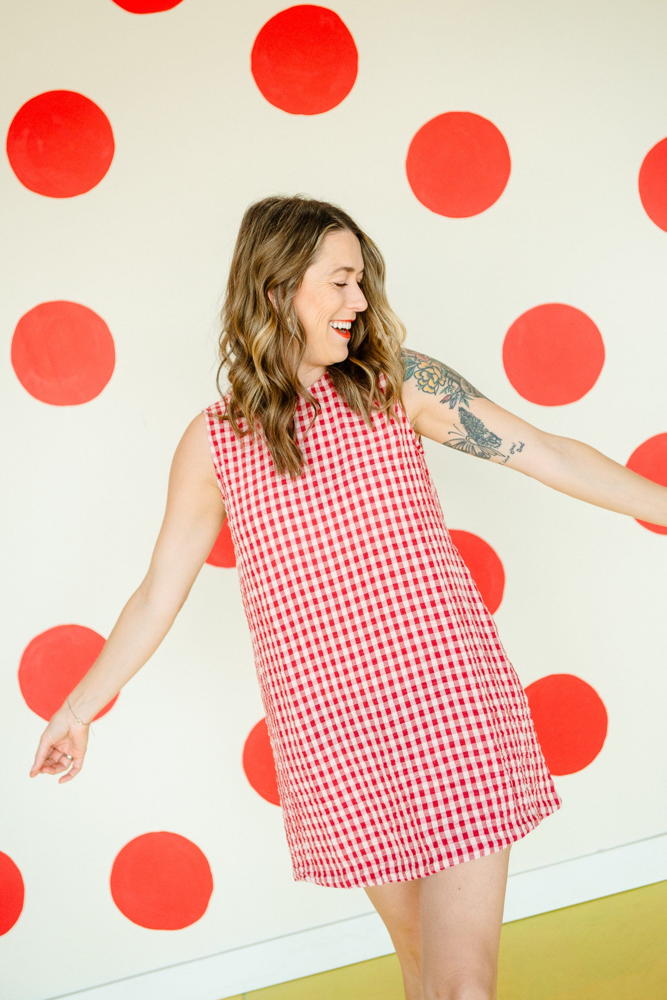 Uptown Gingham Mini Dress - Soft Warm Red