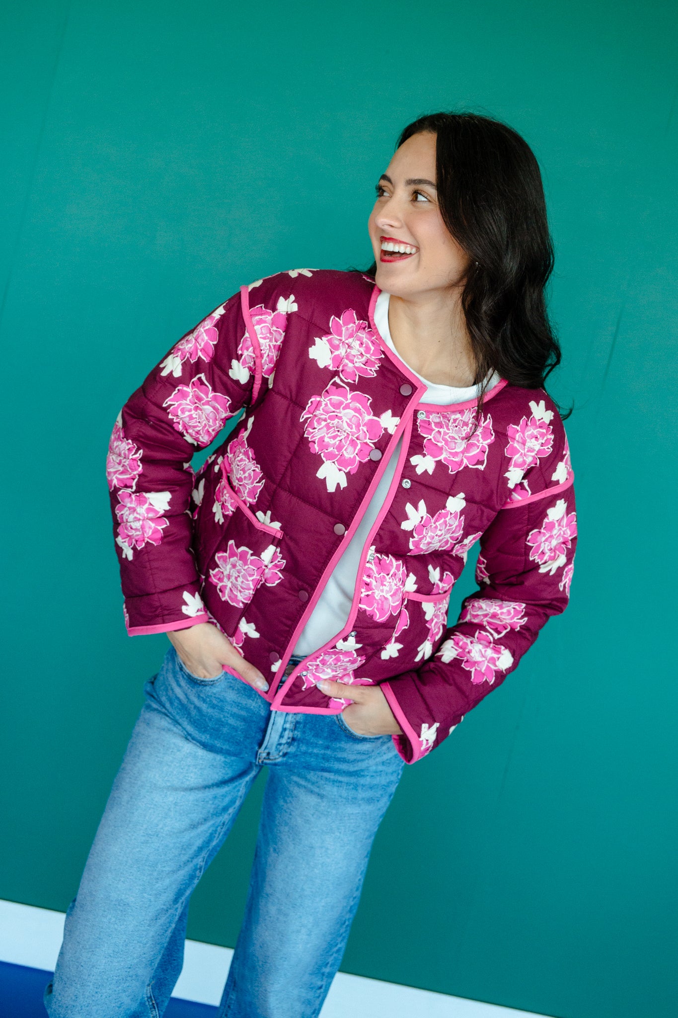 Mia Floral Quilted Jacket - Berry + Raspberry