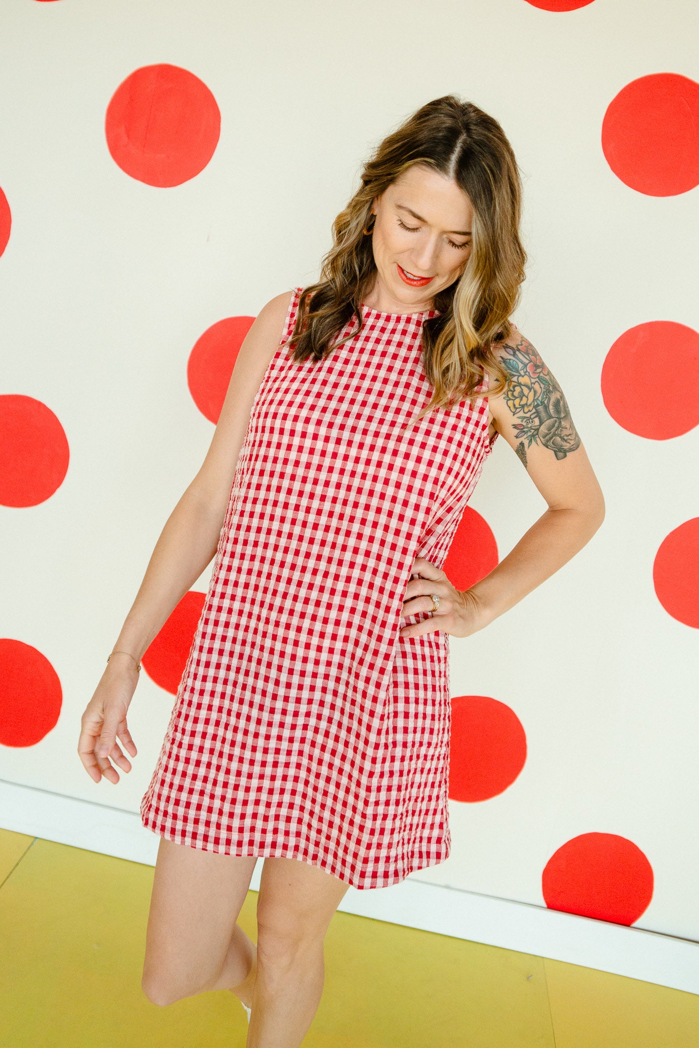 Uptown Gingham Mini Dress - Soft Warm Red